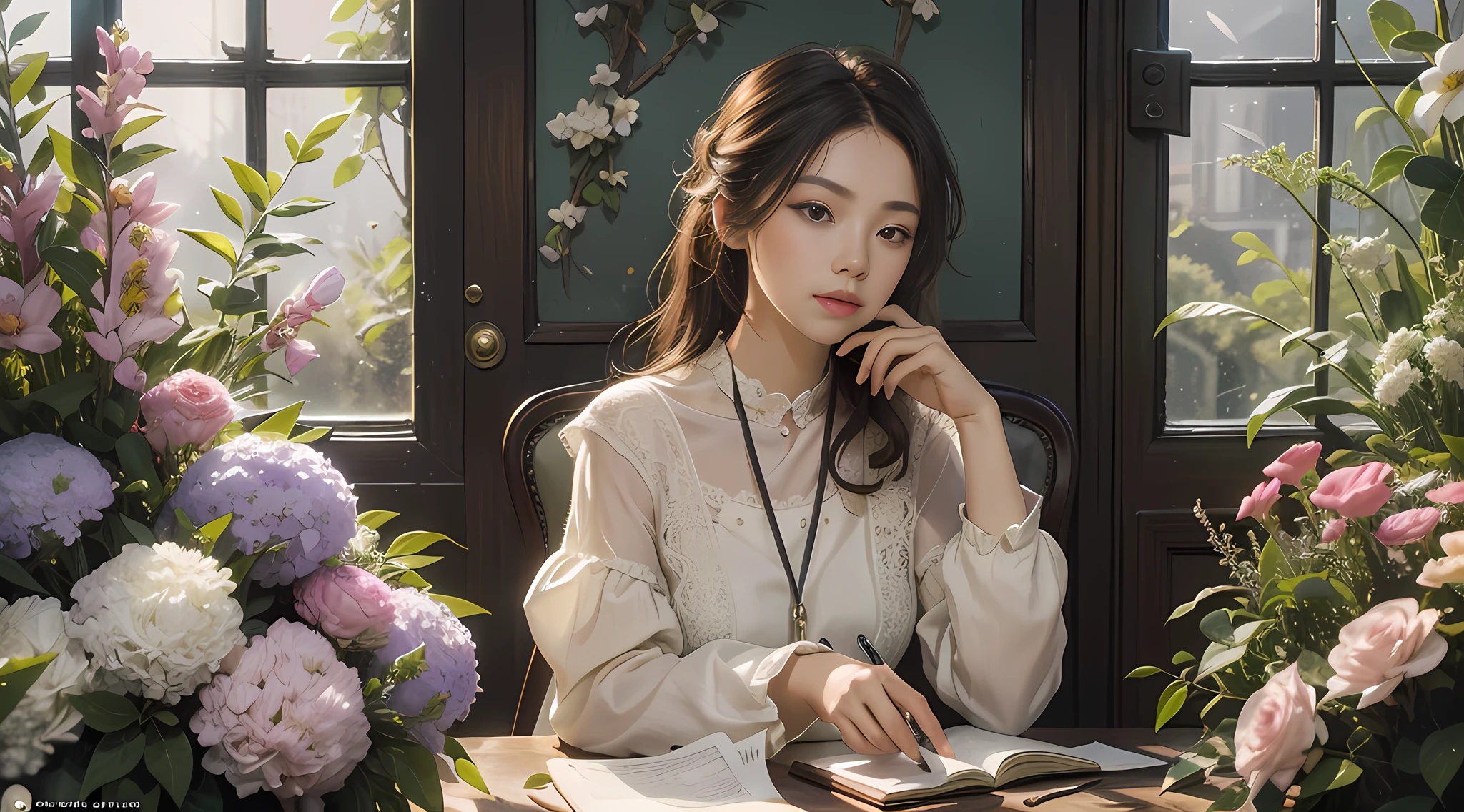Vivid lighting, charming elegance, atmospheric depth, exquisite technique, naturalistic expression, harmonious composition, creative refinement, striking juxtaposition, 1girl, attention to face, solo, atmospheric clothing, university, interior, patience, garden, flowers, peace,