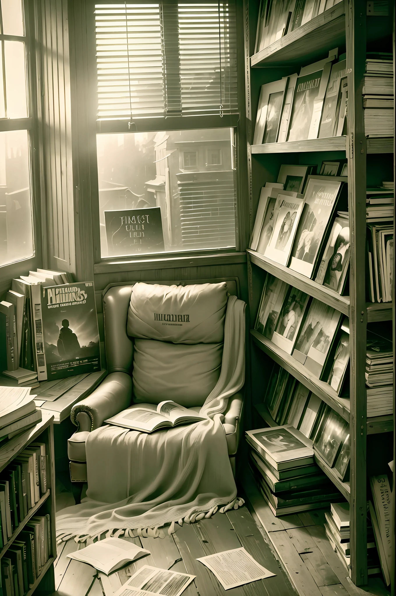 (aesthetic, vintage), dusty atmosphere, old bookstore, (pile of magazines on the shelf:1.2), leather-bound books, (dimly lit corner:1.1), (window light streaming in:0.9), cozy ambiance, (rustic wooden furniture:1.2), aged and worn, quiet and peaceful, nostalgic, (faint scent of ink and paper:1.1) --auto --s2