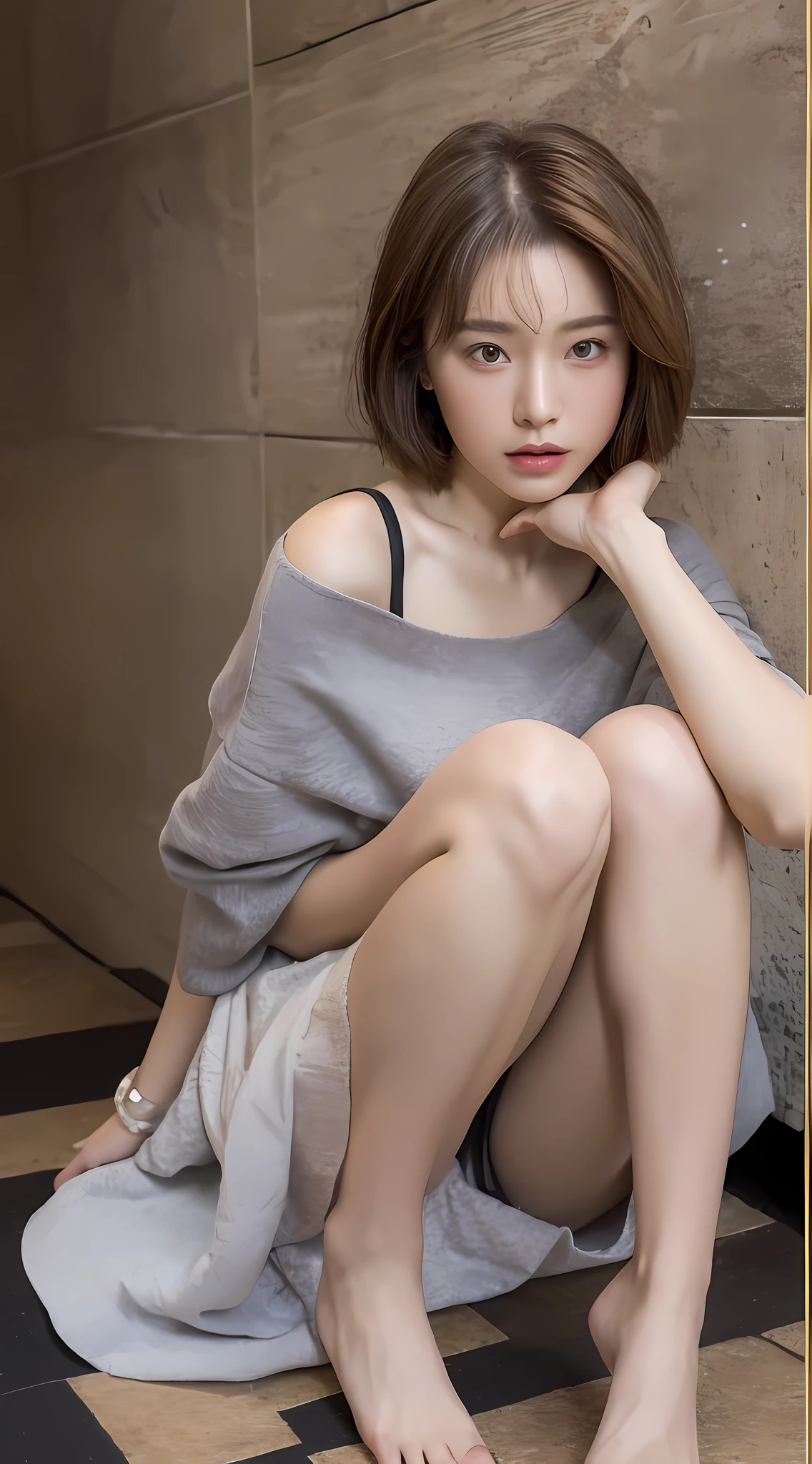 (Self-timer: 1.3), ((Best quality, 8K, Masterpiece: 1.3)), Focus: 1.2, Perfect Body Beauty: 1.4, Buttocks: 1.2, (Layered cut: 1.2)), (Dark Street: 1.3), (Highly detailed face and skin texture: 1.3), Full body, Fine eyes, Double eyelids, Whitened skin, (Brown curls, short hair: 1.2), (Casual black skirt: 1.6), showing toes