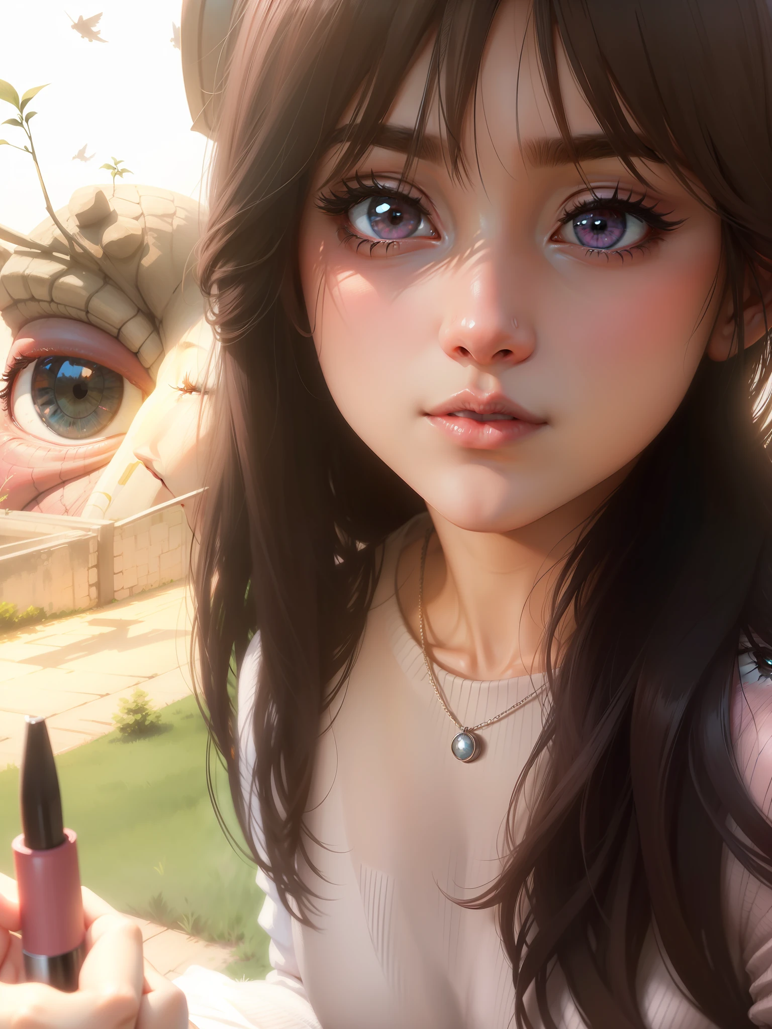 Cute eyes, delicate facial features, pink blush, flowing hair, realistic style, sun's rays Next to a Godzilla, Spider-Man overhead --auto --s2