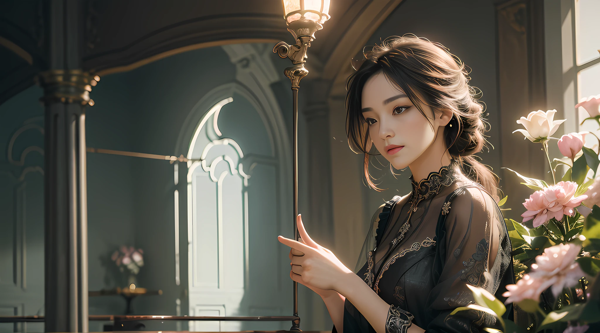 Vivid lighting, charming elegance, atmospheric depth, exquisite technique, naturalistic expression, harmonious composition, creative refinement, striking juxtaposition, 1girl, attention to face, solo, atmospheric clothing, university, interior, patience, garden, flowers, peace,