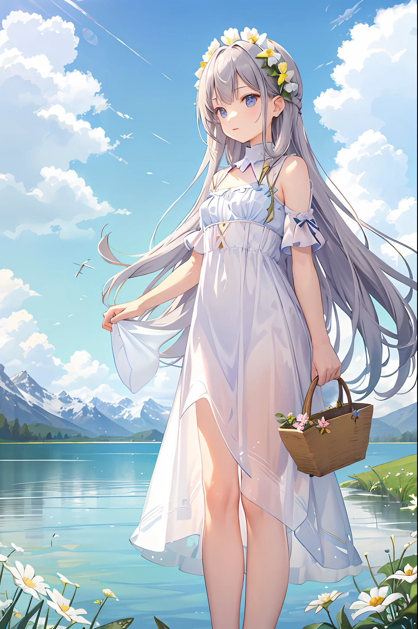 Summer, meadows, few small flowers, clear lakes, sheep, heaven, large clouds, blue sky, hot weather, HD detail, wet watermark, hyper-detail, cinematic, surrealism, soft light, deep field focus bokeh, distant view is snowy mountains, ray tracing, and surrealism. --v6