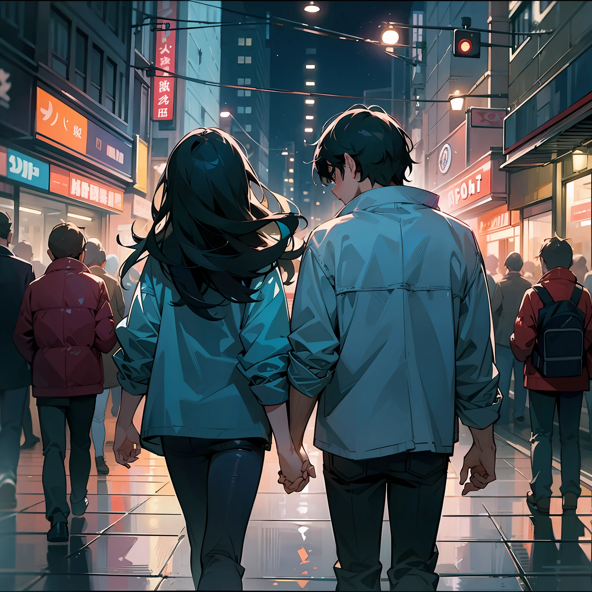 Masterpiece, best quality, a pair of boyfriends and girlfriends holding hands in the streets, intimate, lively streets, lights, advertisements, crowds