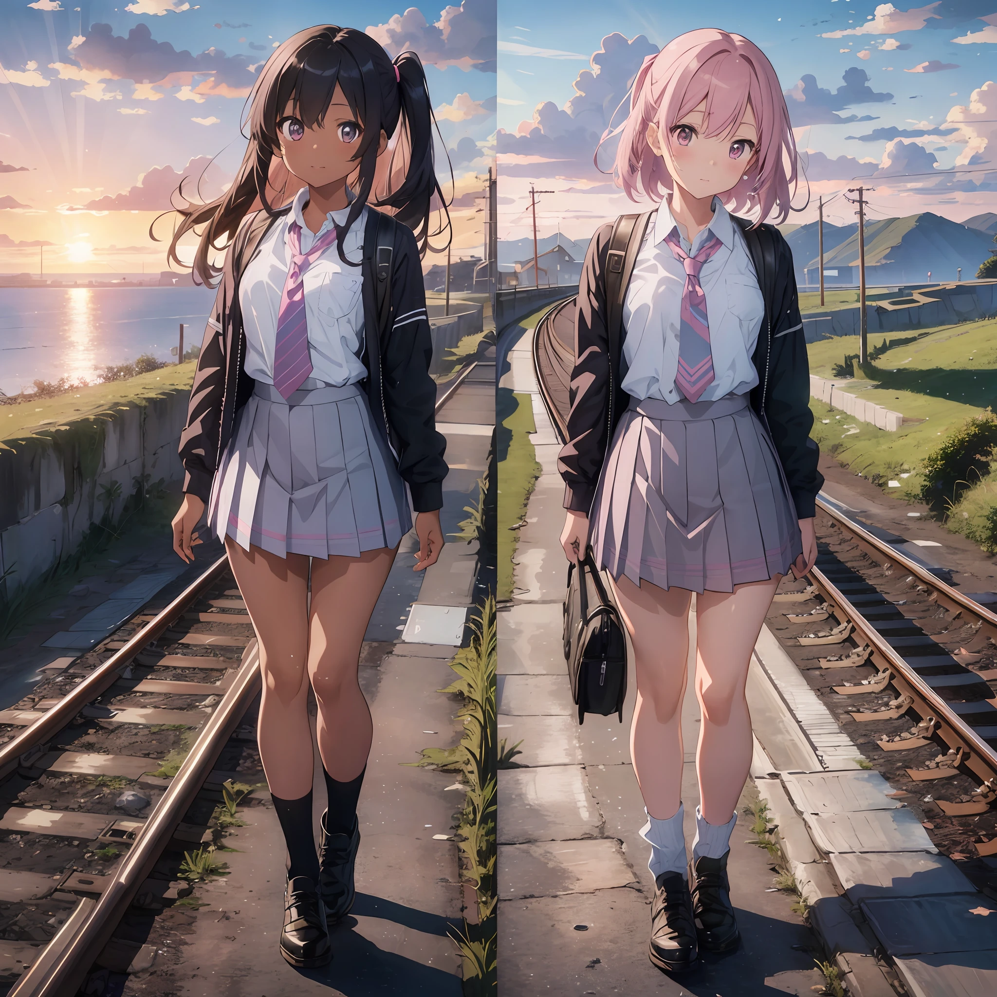 railroad tracks over the sea, sea, school uniform, pink tie, light blue shirt, black skirt with pink lines printed on it, thick eyebrows, headwind, sunset, leather backpack, (dark skin: 1.3), brown skin, movie lighting, small, beautiful light pink hair, (masterpiece), ((highest quality)), (super detailed), glossy skin, full body anime girl, solo, clean and detailed anime face, High resolution anime eyes, five fingers, textile shading, perfect human structure, perfect anatomy,
