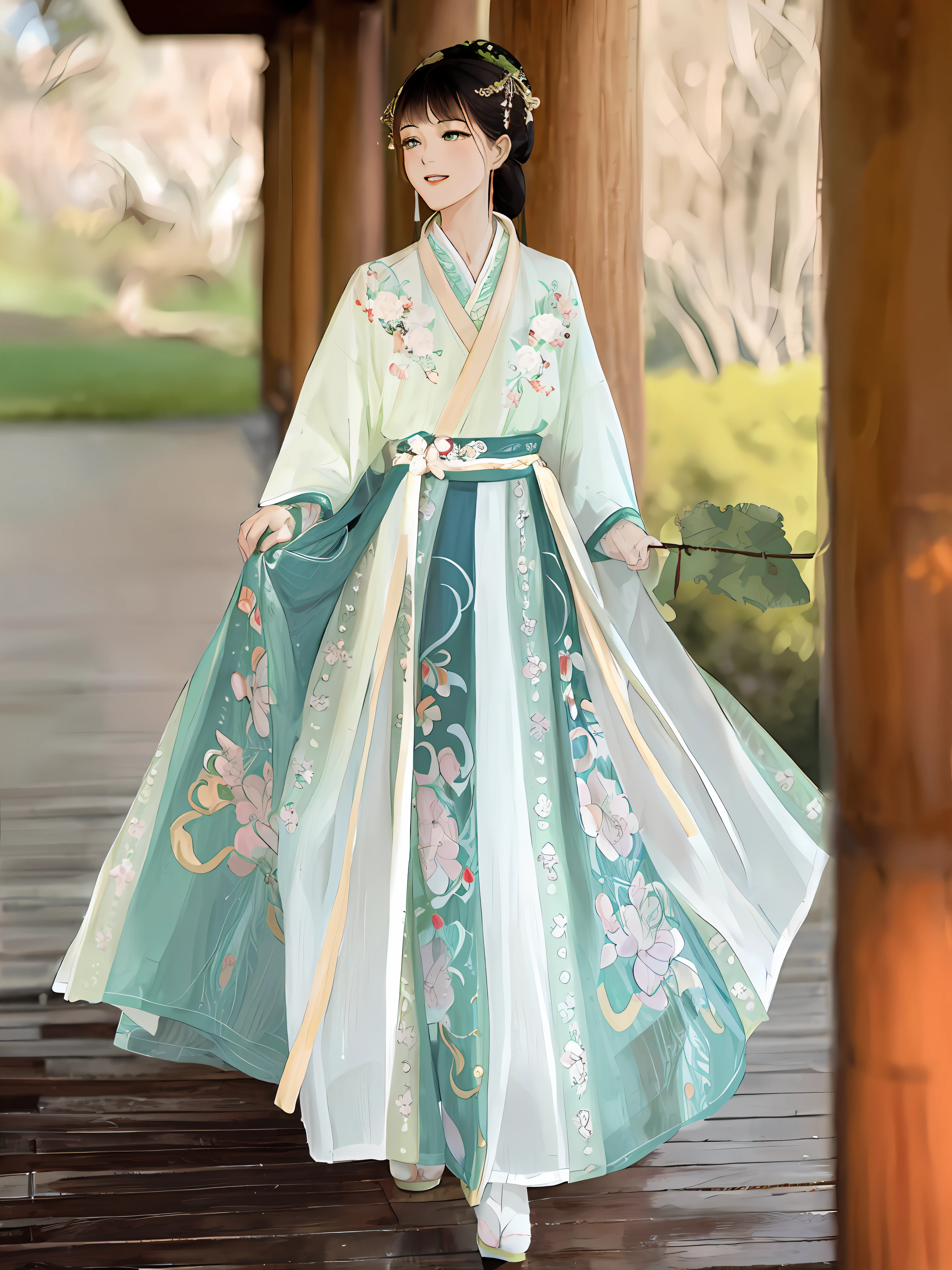 arafed woman in a green and white dress standing on a wooden walkway, hanfu, white hanfu, traditional chinese clothing, wearing ancient chinese clothes, flowing magical robe, palace , a girl in hanfu, ornate flowing robe, flowing robes, classical robes, traditional clothing, dragon-inspired cloth robes, chinese dress, traditional clothes, traditional dress