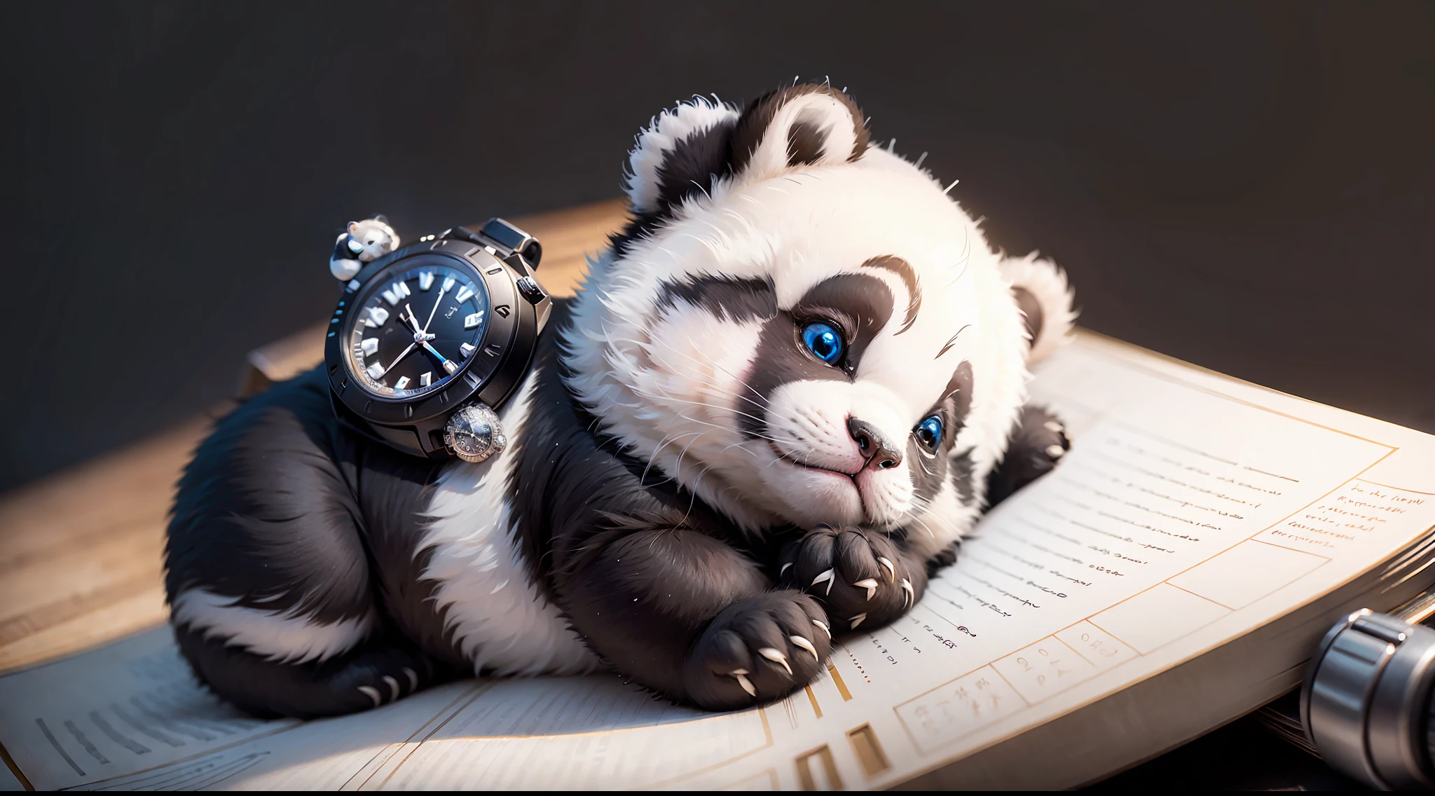 A pocket cute chunky panda cub lying on the desk, book, (mechanical watch), (watch meticulously depicted)), looking at me, super fine, 16k resolution, master work, macro lens, dynamic viewing angle