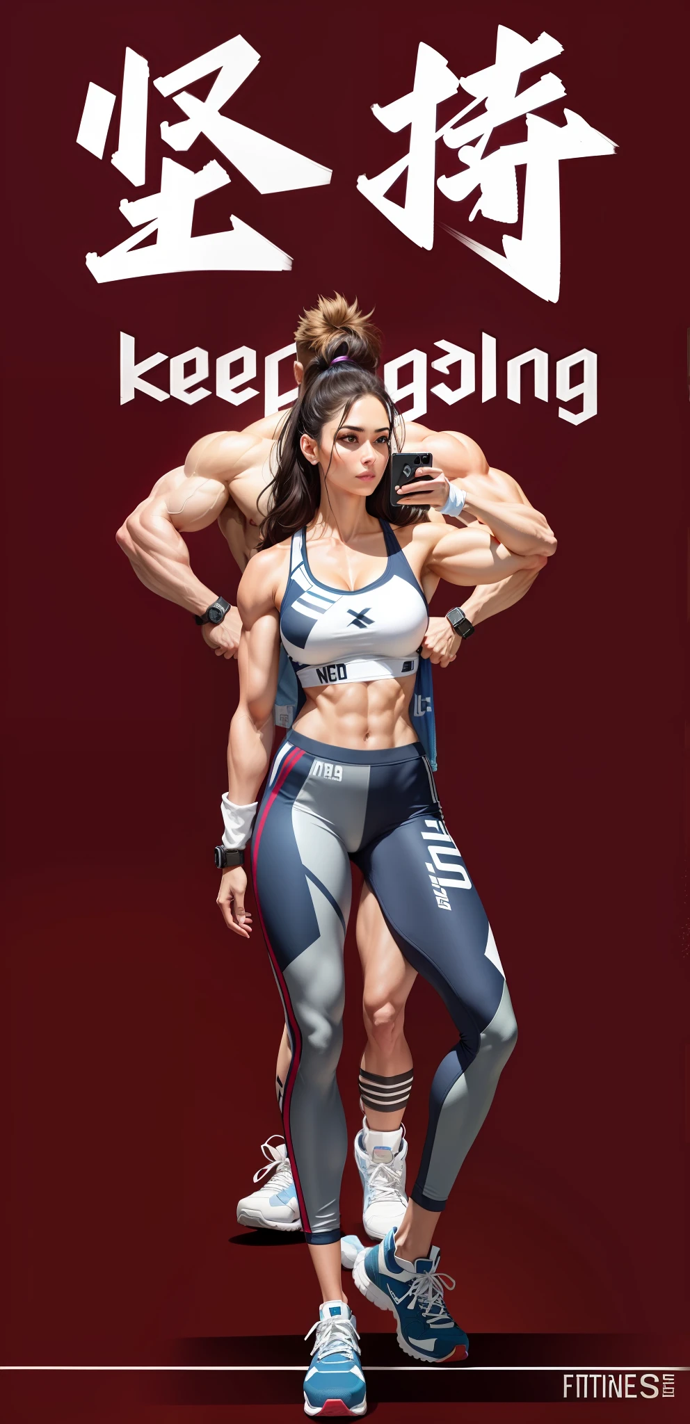 Fitness woman holding up cell phone to take a picture of man standing again after her holy body, exercise, fitness girl, accurate depiction, strong body, art trend, effort, body strong upright, strong woman sport strong, strong, abs, extremely high quality artwork,