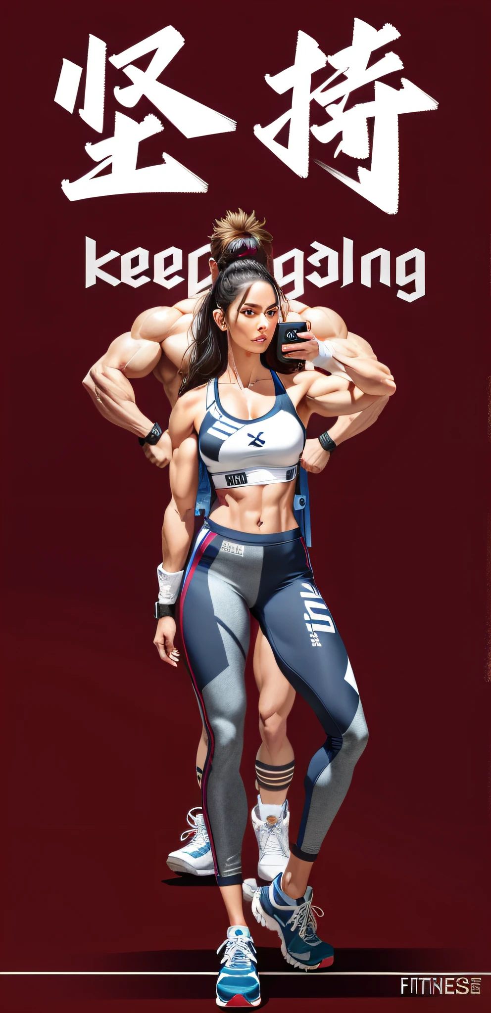 Fitness woman holding up cell phone to take a picture of man standing again after her holy body, exercise, fitness girl, accurate depiction, strong body, art trend, effort, body strong upright, strong woman sport strong, strong, abs, extremely high quality artwork,