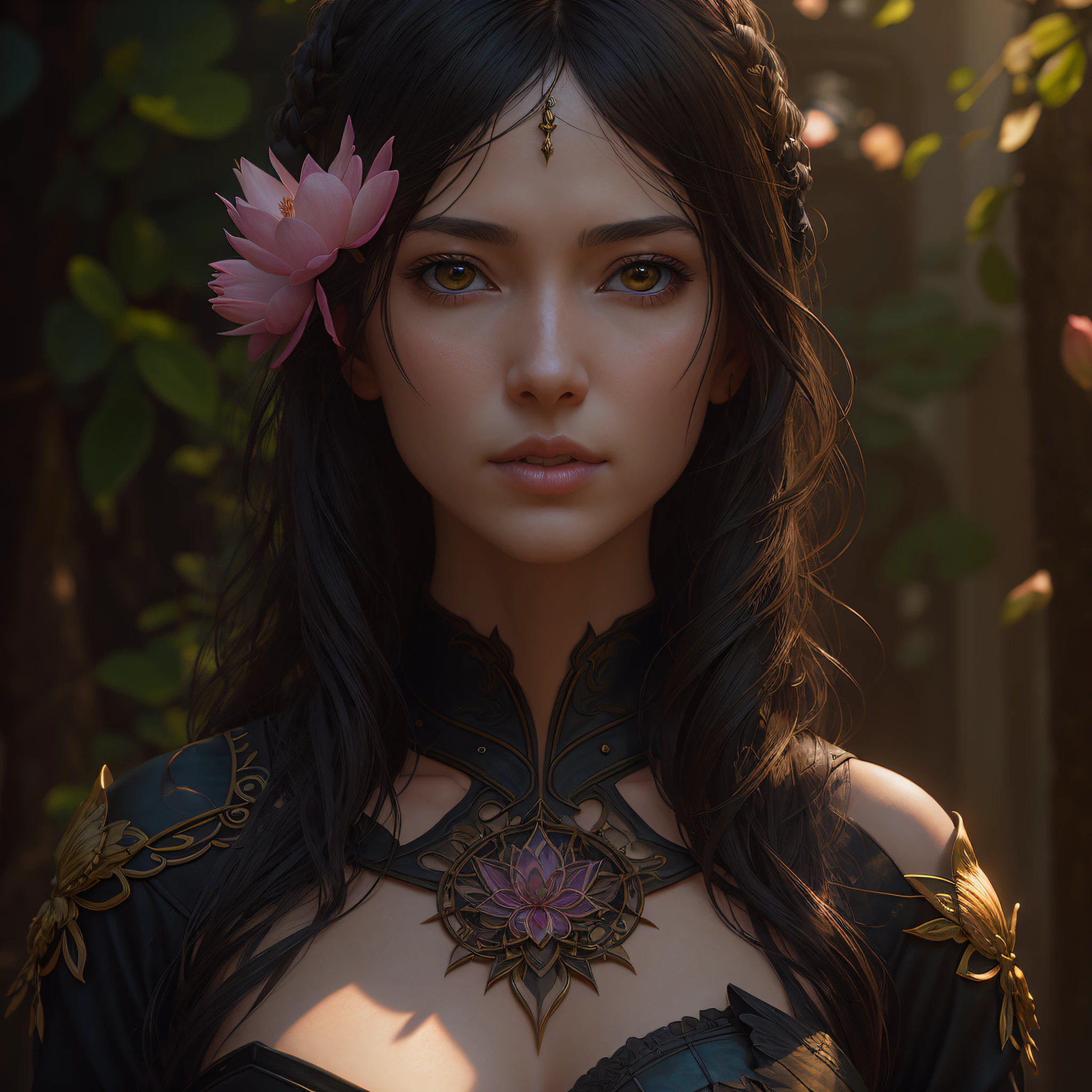 Kathy Weldon, Olga Kwasa, A Flower of Miho Hirano, Ultra-detailed Trends in Complex Gothic Art on Artstation Ternary Color Unreal Engine 5 Unreal Engine 5 Detailed Matte Painting, Dark Color, Dreamy, Intricate Detail, Start Screen, Complementary Colors, Fantasy Concept Art, 8K Resolution, Gothic Deviation Art Masterpiece, (Dark Len: 0.9), Art by Greg Rutkowski and Artgerm, Soft Film Light, Adobe Lightroom, Light Lab, HDR, Complex, Highly Detailed, Lotus
