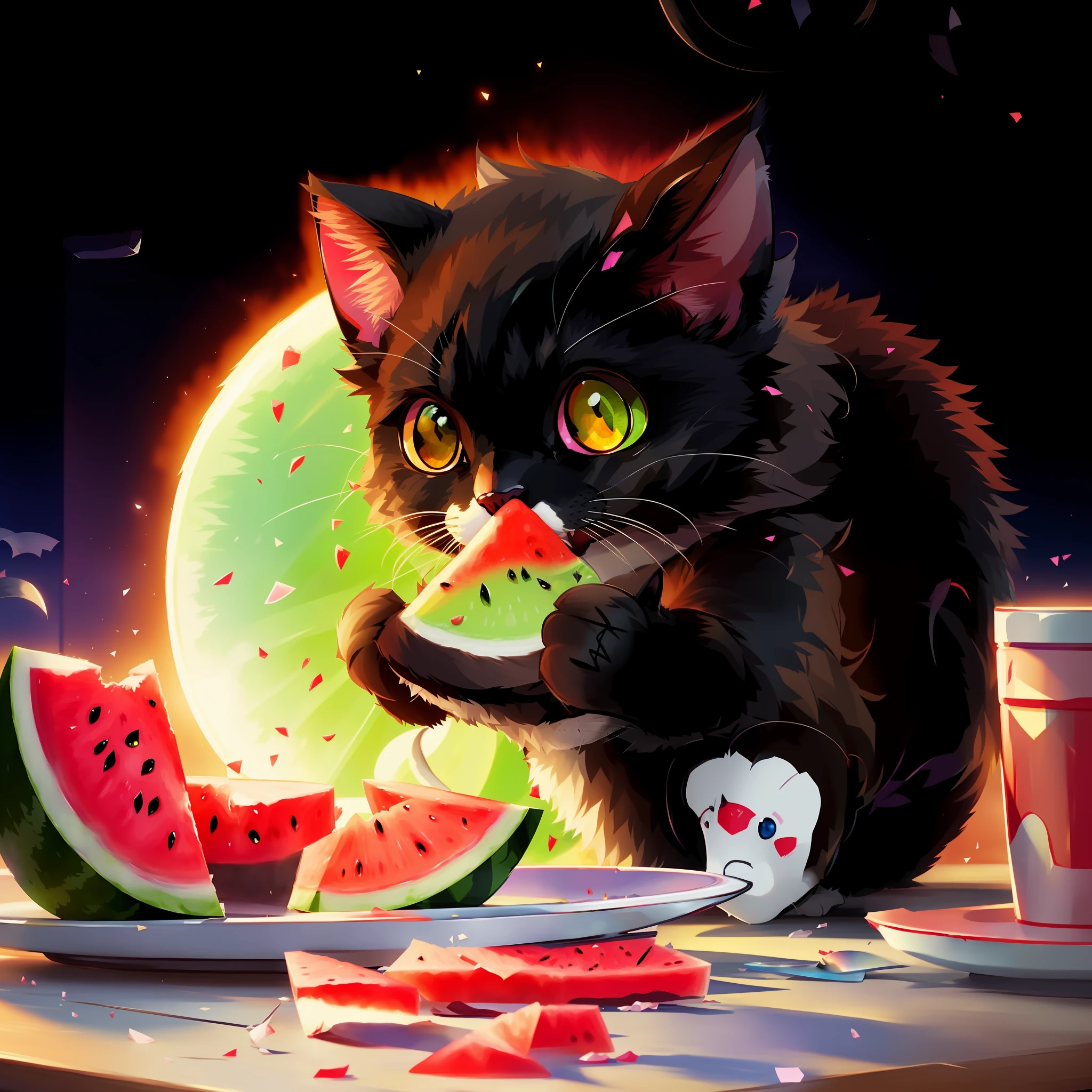 There is a cat eating a piece of watermelon, tsundere digital painting, tsundere detailed digital art, tsundere cat anime visuals, tsundere digital art, by Yang J, tsundere detailed artwork, tsundere artwork, anime cat