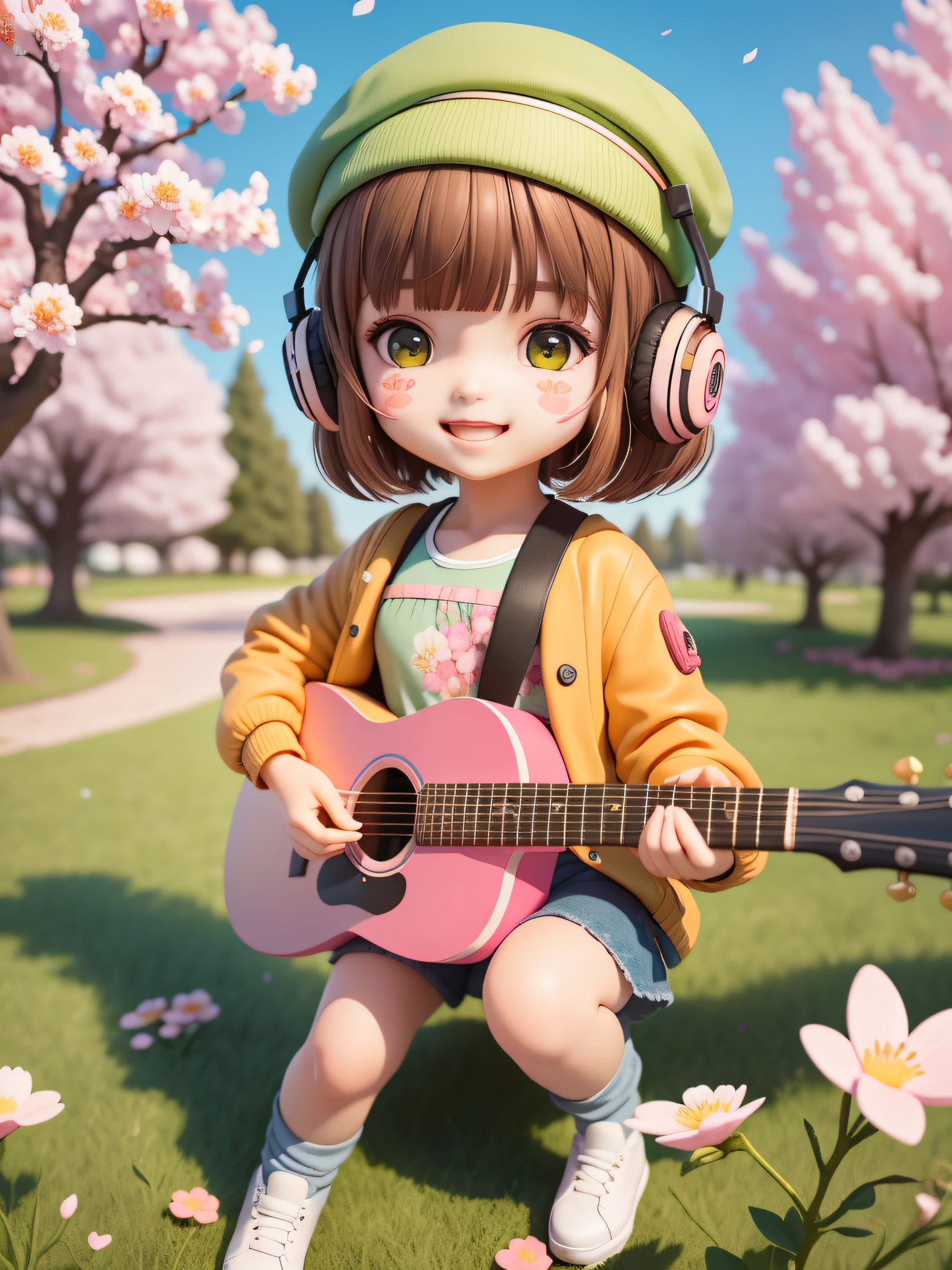 (masterpiece),(best quality),(ultra-detailed), (full body:1.2), 1girl,chibi,cute, smile, open mouth, flower, outdoors, playing guitar, music, beret, holding guitar, jacket, blush, tree, :3, shirt, short hair, cherry blossoms, green headwear, blurry, brown hair, blush stickers, long sleeves, bangs, headphones, black hair, pink flower, (beautiful detailed face), (beautiful detailed eyes),