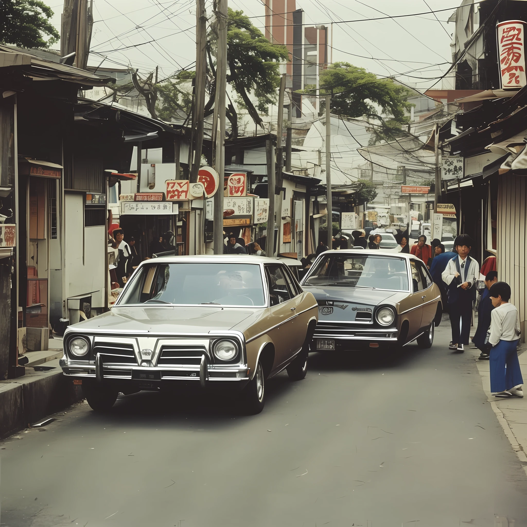 1970s Japanese street photos, vintage, old color photos, cityscapes, high resolution, 1970s cars, dirt --auto --s2