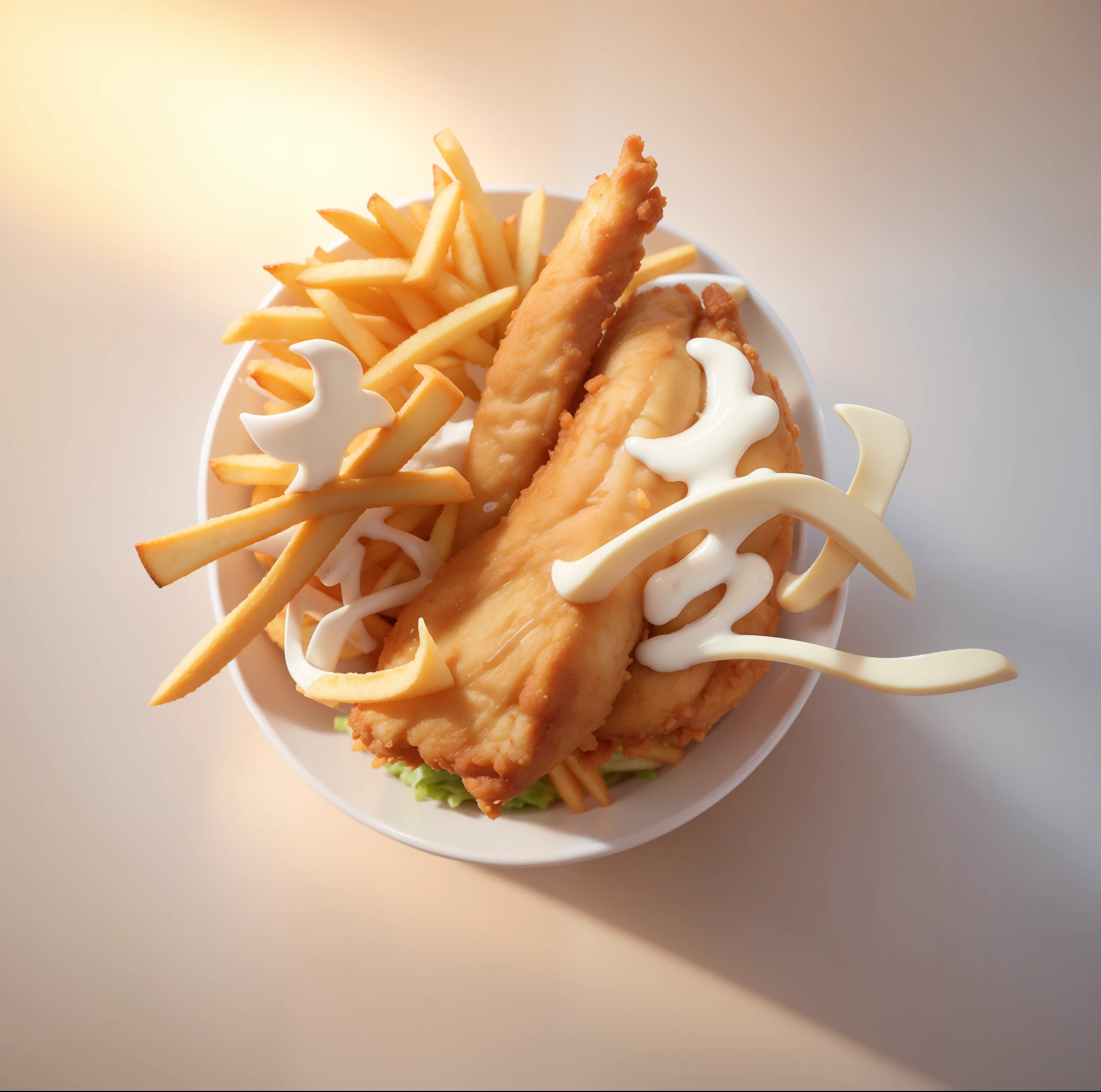 Fried chicken, fries, cakes, cream, top view, 3D, blender, oc rendering