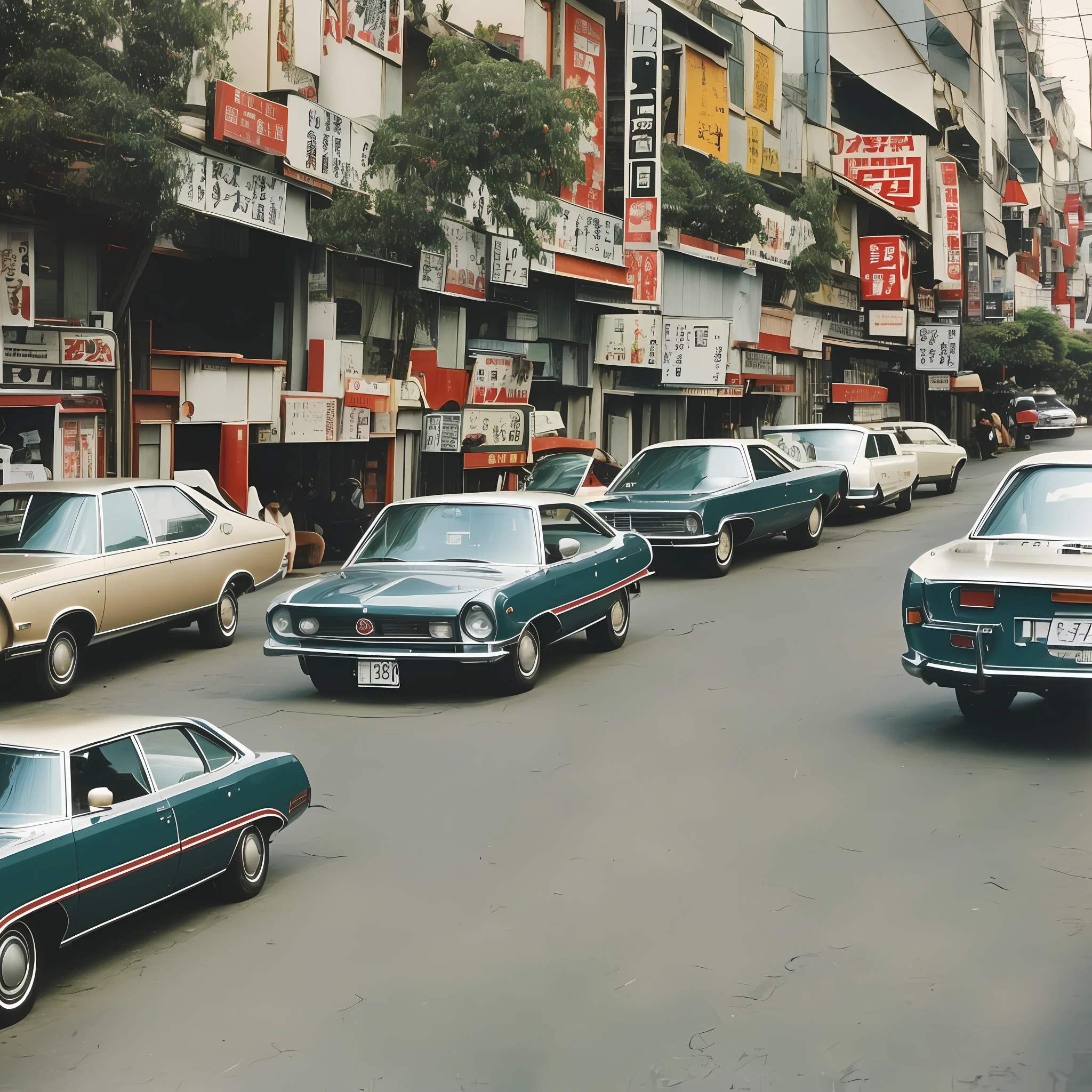 1970s Japanese street photos, vintage, old color photos, cityscapes, high resolution, 1970s cars, dirt --auto --s2