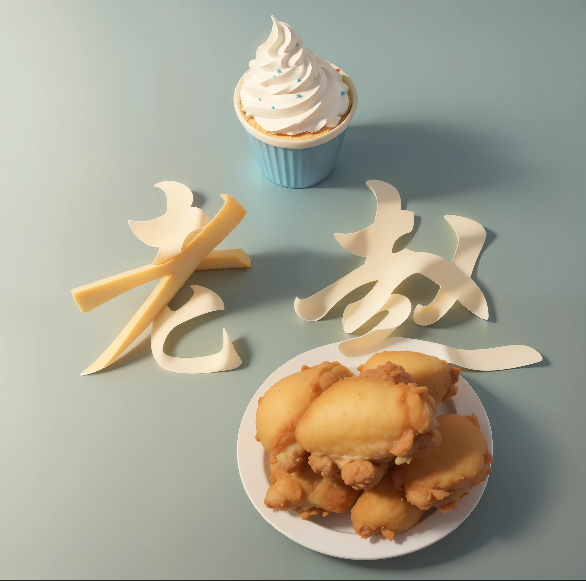Fried chicken, fries, cakes, cream, top view, 3D, blender, oc rendering