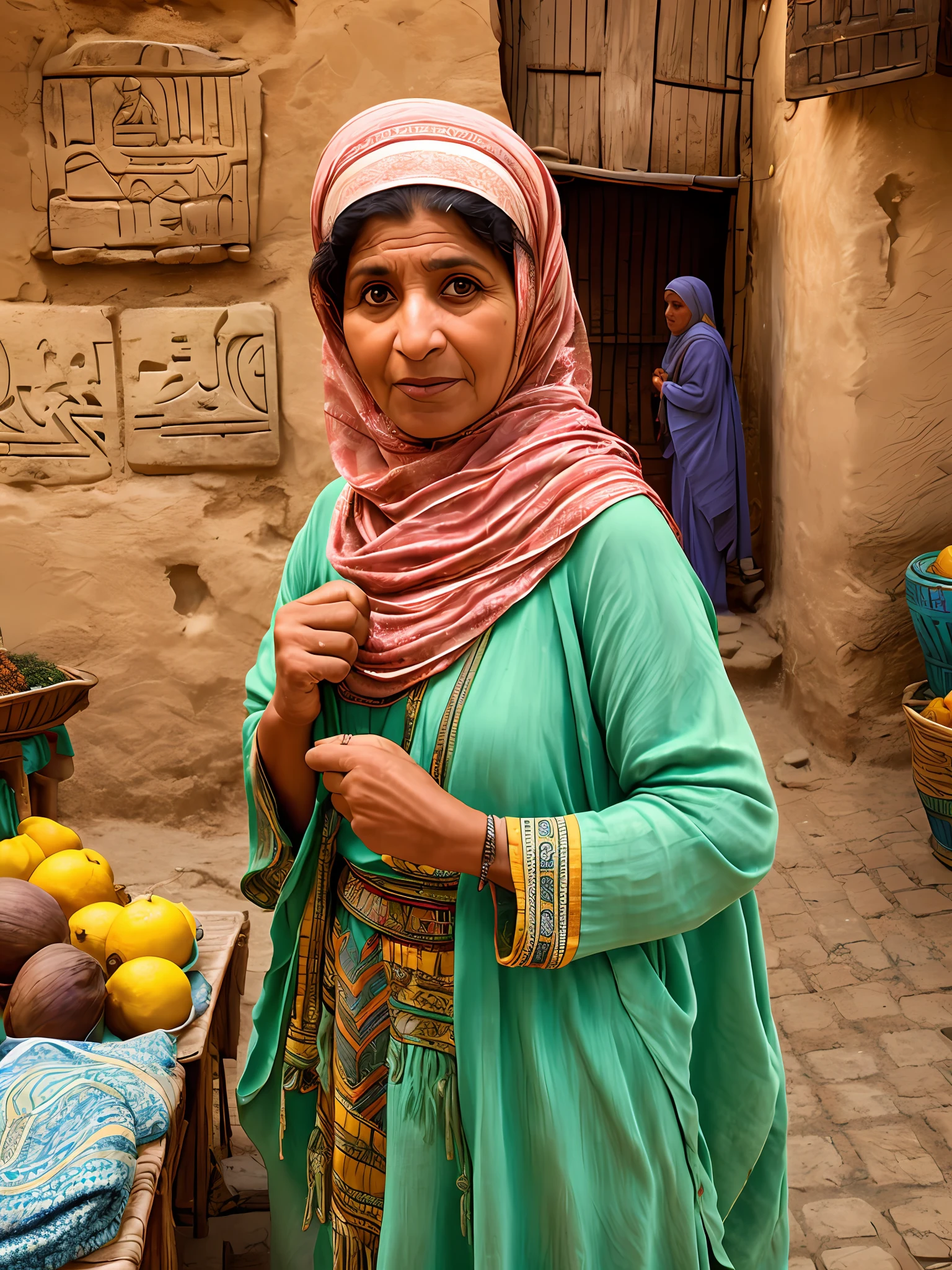 middle aged Egyptian woman in Casbah, selling lemons, dusty market background, early morning, high definition photo, Maze Guru style --auto --s2