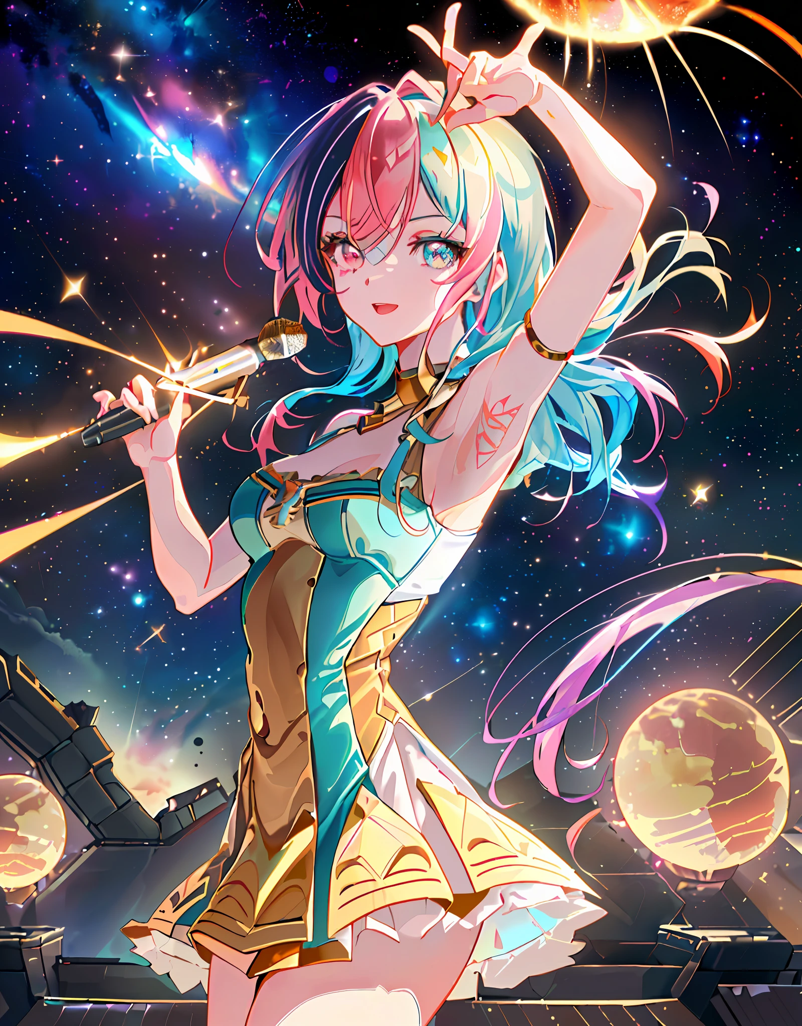 Anime CG, Hi-Res, Absurdity, 8k, Masterpiece, ((((Detailed Eyes and Detailed Face: 1.2), Dynamic Angle, (((Detailed Eyes and Detailed Face: 1.2)))))), (((Perfect Human Hand, Super Detailed Human Five Fingers)))), ((Perfect Human Foot)), Upper Body, 1 or 2 Girls, Smile, Wolf Ears, Wolf Tail, Pink Eyes, Hairs Between Eyes, ((((Wink)))), D cup, cleavage, striped hair, (((((Colorful hair color: 1))))), (((Random hair color: 1)))), Variegated hairstyle: 1, twin tails, ultra-detailed gradient hair, ((T-shirt with kagenari letters)))), professional designer, fashion leader, ruffled dress, love live, jewelry, best stage, ??????, professional stage, ( (Perfect singer holding the microphone in left hand and singing emotionally, perfect singer, screaming, overflowing emotions, best smile: 1.2))), singer, vocalist: 1, idol, diva, ((((Galaxy, space, earth, planet, battle, explosion, ivory gold AI space spaceship))), professional stage, professional lighting, live lighting, gaze divert, fan service: 1, (( ( Background, singing on the deck of the AI spaceship: 1.2))), ((singing on the special stage of the deck of the AI spaceship: 1.2, space, earth, planet, battle, explosion, ivory gold AI space spaceship, stars))), ((((panchira, cute panties)))