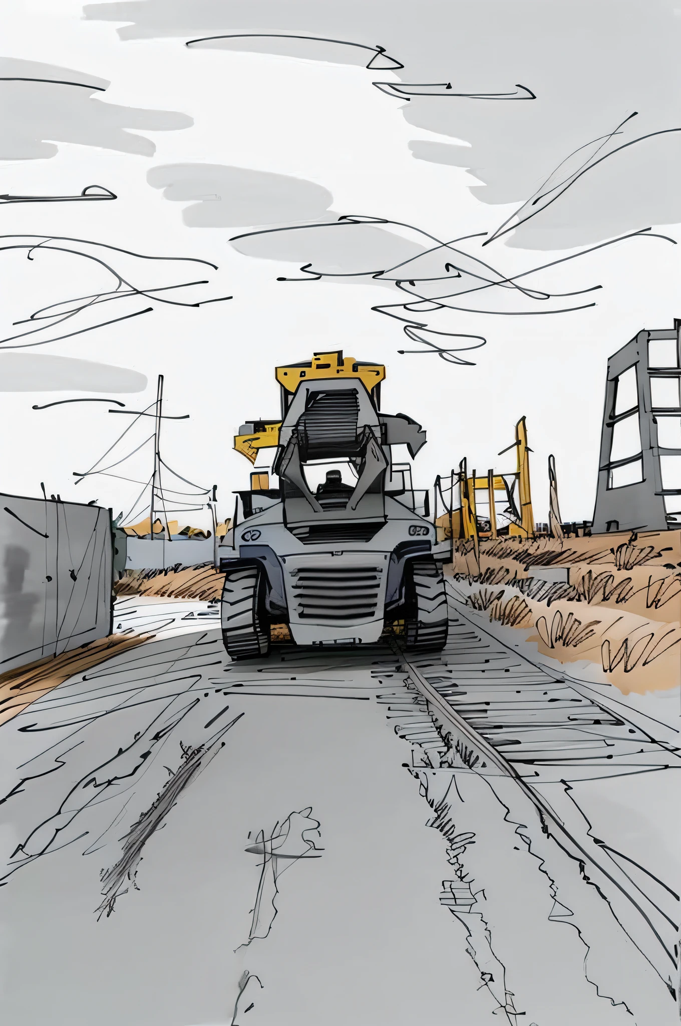 linear, gray, white background, simple background, sketch, sketch, pen_sketch_style, there is a large truck that is driving on the road, rear view, photo taken from afar, heavy machinery, full front view, daring pose, rear photo, wide far shot, rear shot, full-length shot, crane shot, front view, side view, side view, side view, side view