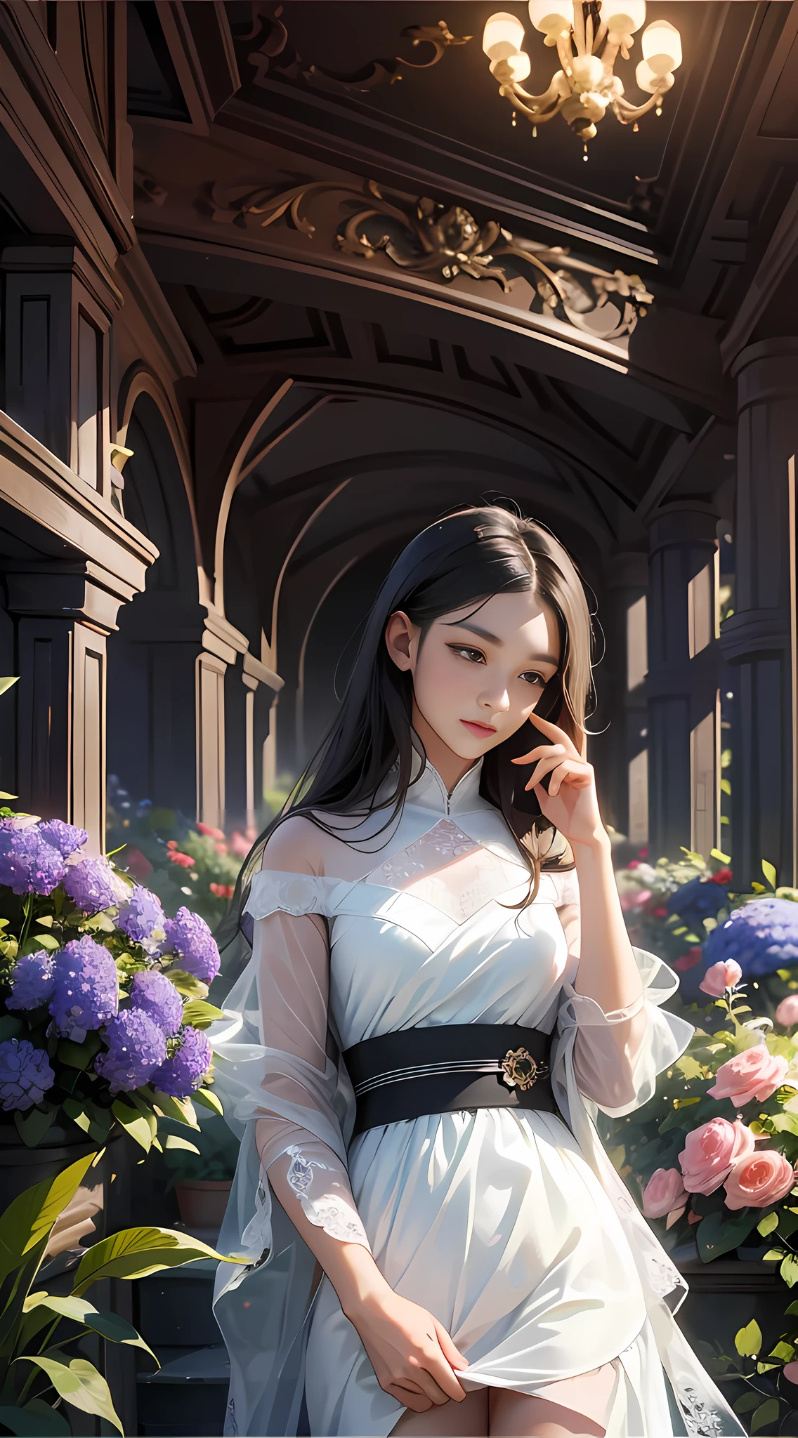 Vivid lighting, charming elegance, atmospheric depth, exquisite technique, naturalistic expression, harmonious composition, creative refinement, striking juxtaposition, 1girl, attention to face, solo, atmospheric clothing, university, interior, patience, garden, flowers, peace,