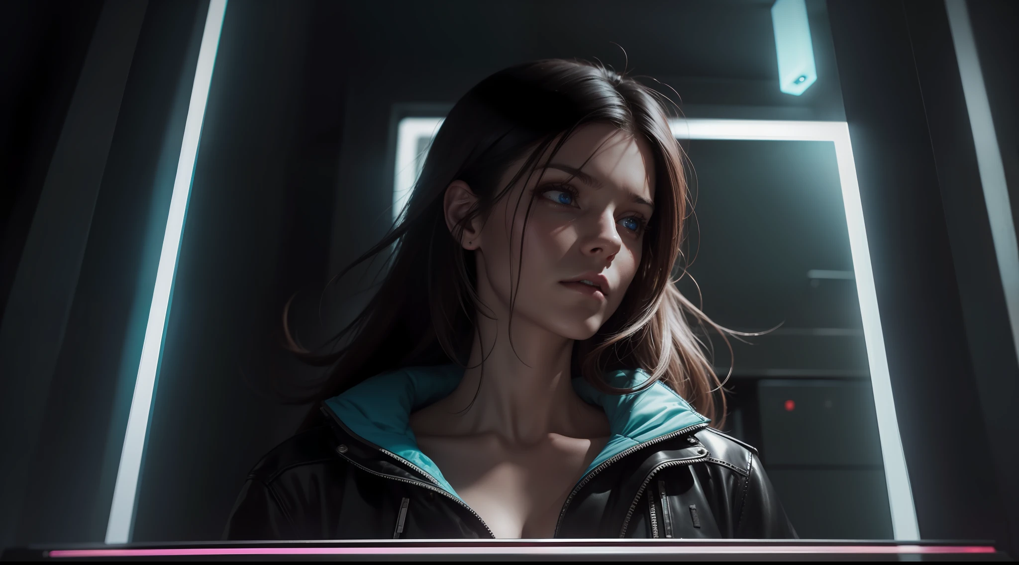 award-winning photo from the waist up, wide-angle ambient shot inside cyberpunk house, neon, cyberpunk clothing, cracked porcelain skin, brunette woman, robust body, vibrant, photorealistic, hyperrealism, strong impressionist painting style, 1.618, elegant, ethereal, intricate, elaborate, hyper-realism, hyper-detailed, strong expressiveness and emotionality, cinematic lighting, visual clarity