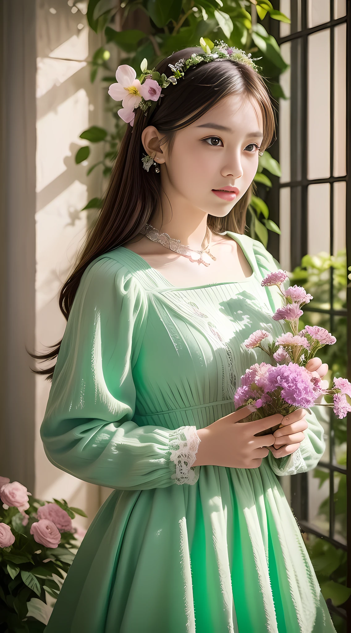 Vivid lighting, charming elegance, atmospheric depth, exquisite technique, naturalistic expression, harmonious composition, creative refinement, striking juxtaposition, 1girl, attention to face, solo, atmospheric clothing, university, interior, patience, garden, flowers, peace,