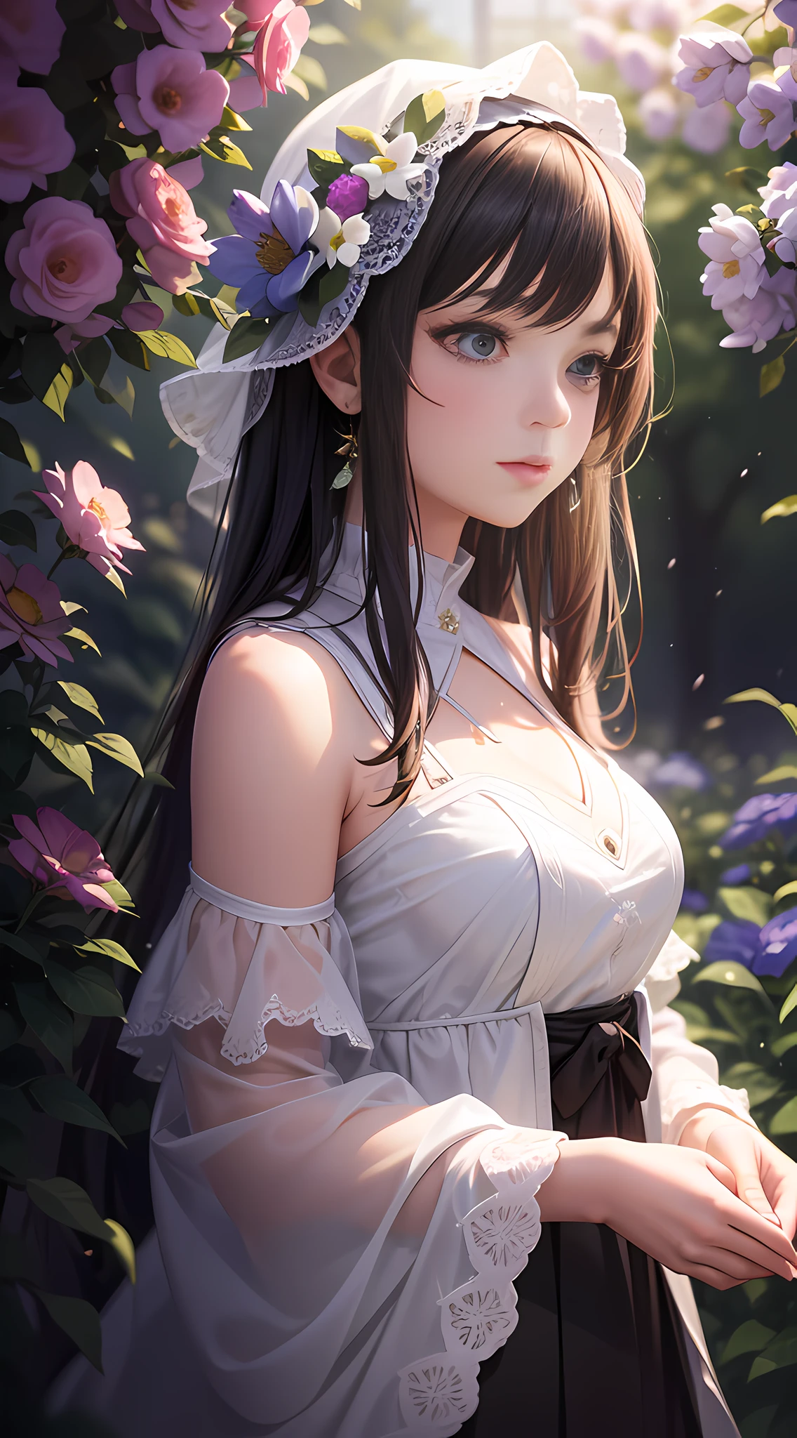 Vivid lighting, charming elegance, atmospheric depth, exquisite technique, naturalistic expression, harmonious composition, creative refinement, striking juxtaposition, 1girl, attention to face, solo, atmospheric clothing, university, interior, patience, garden, flowers, peace,