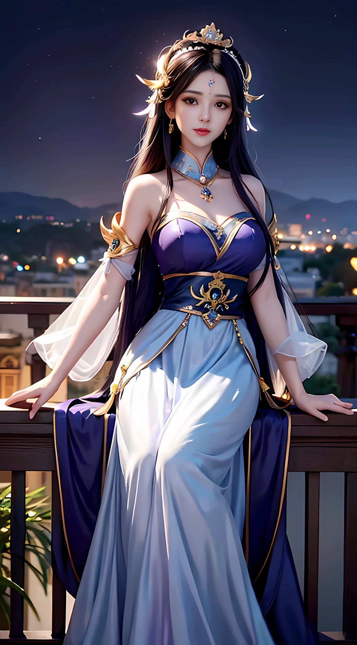 moon, moonlight, full moon, night, dark blue sky, violet, lilac dress, long skirt on chest, long black hair, long hair and waist, beautiful maiden, god, divinity, white tiara, sitting on railing, hair, slanted bangs, headband, hair ornament, forehead gemstone, paulai's jewel branch, crescent hair ornament, fish hair ornament, god ray, glitter, cinematic lighting, lens glare, uhd, high detail, high quality, high resolution, best quality, 8K, 16K, high detail, high quality, high quality, super detail, Anatomically correct, masterpiece, ccurate