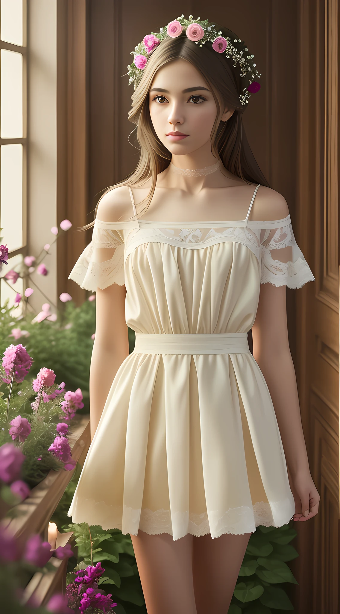Vivid lighting, charming elegance, atmospheric depth, exquisite technique, naturalistic expression, harmonious composition, creative refinement, striking juxtaposition, 1girl, attention to face, solo, atmospheric clothing, university, interior, patience, garden, flowers, peace,