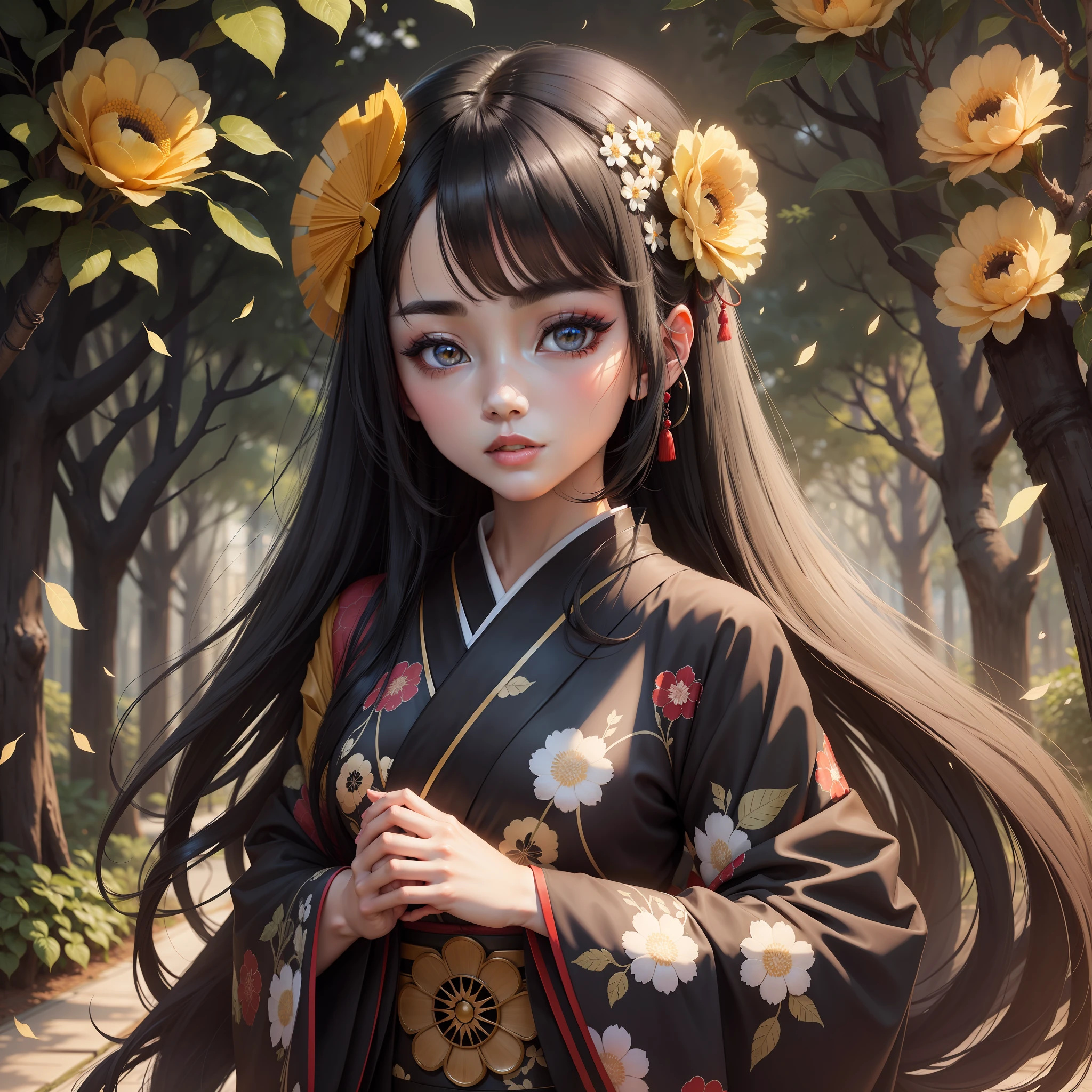Beautiful woman kimono beautiful eyes shining long black hair