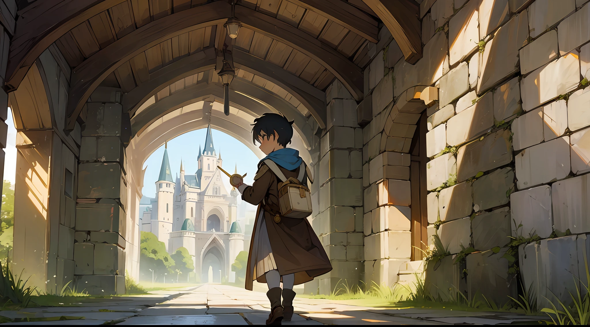 (masterpiece), (best quality), (anime), (rustic), (old), 1young traveler holding 1coin on a road near a beautiful castle