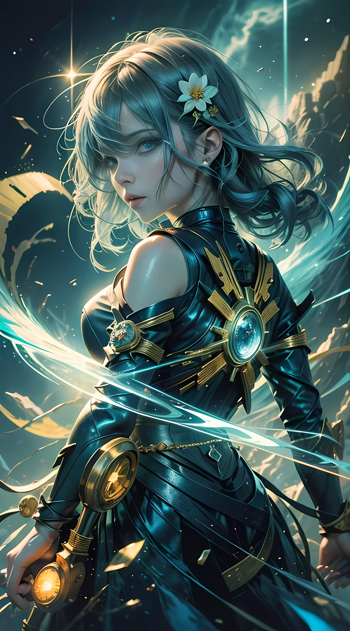 Digital Ilustration, Anime style, Woman, elemental mage engulfed in blue flames and yellow lightning, chromatic chaos, gold and ice tones, depth of field, beautiful, highly detailed, hyperrealistic, cinematic lighting, clear, space background, cinematic lighting soft, (backlight: 1.2), (flowering: 1.2), (bright light: 1.1), (chromatic aberration: 1.2), sharp focus, high contrast ,masterpiece, photorealistic