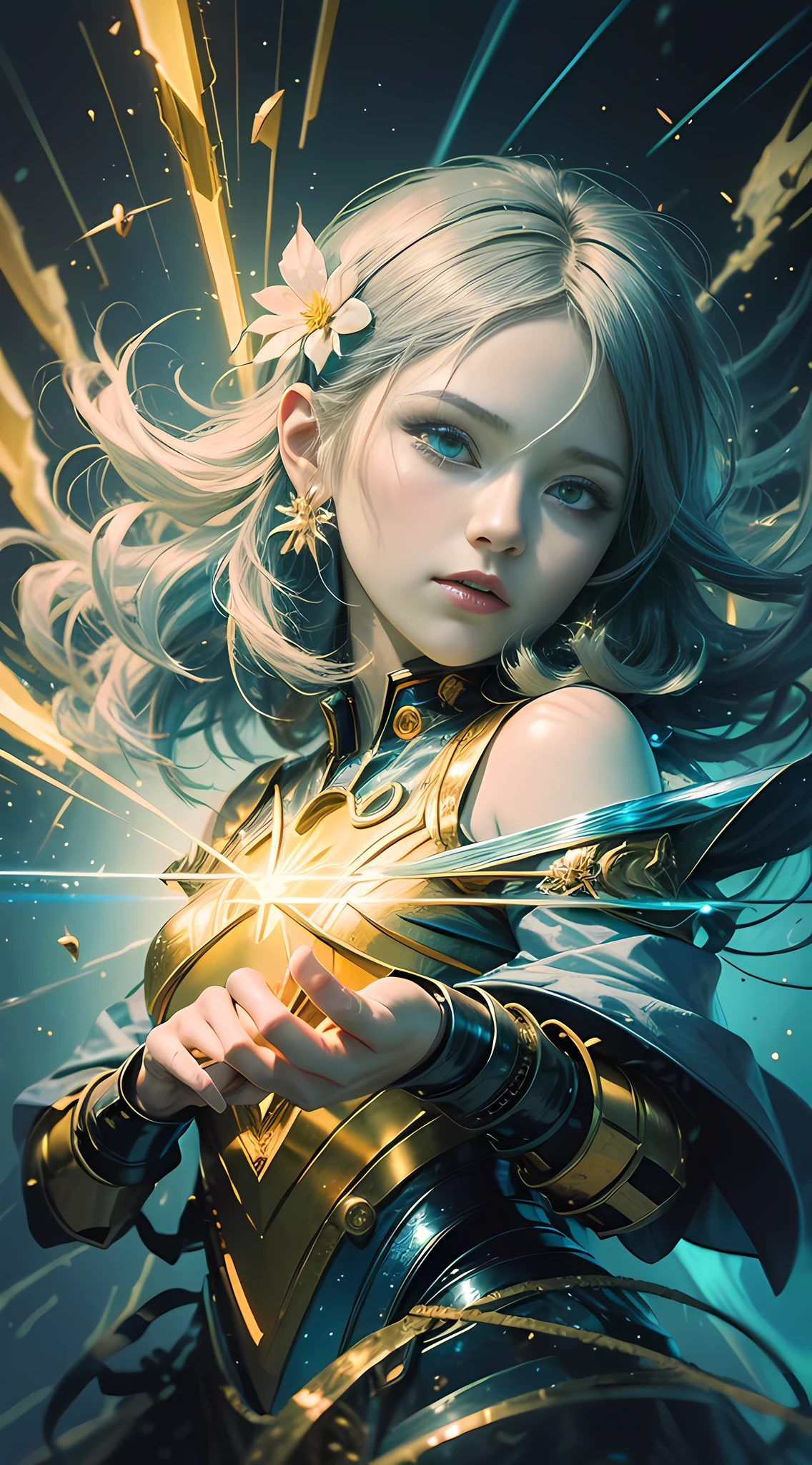 Digital Ilustration, Anime style, Woman, elemental mage engulfed in blue flames and yellow lightning, chromatic chaos, gold and ice tones, depth of field, beautiful, highly detailed, hyperrealistic, cinematic lighting, clear, space background, cinematic lighting soft, (backlight: 1.2), (flowering: 1.2), (bright light: 1.1), (chromatic aberration: 1.2), sharp focus, high contrast ,masterpiece, photorealistic