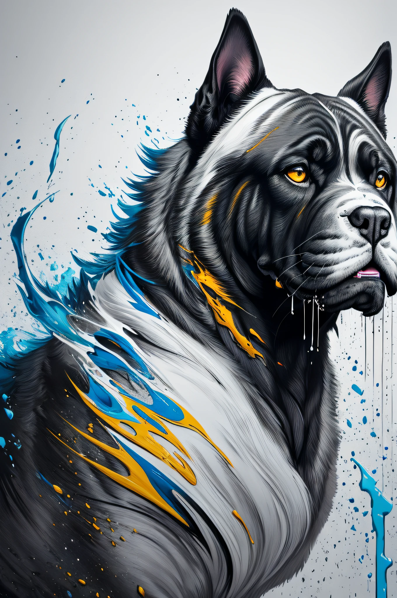 Splash art, a Cane Corso head, ((white background)), roaring, epic Instagram, artstation, splash style of colorful paint, contour, hyperdetailed intricately detailed , unreal engine, fantastical, intricate detail, splash screen, complementary colors, fantasy concept art, 8k resolution, deviantart masterpiece, oil painting, heavy strokes, paint dripping, splash arts