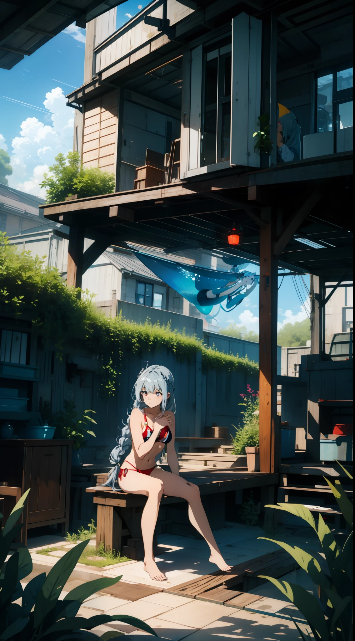 underwater, triangle sitting, one girl closeup, mermaid, silver hair, red eyes, braid, swimsuit, bikini, concept art, beautiful anime scene, top rated on pixiv