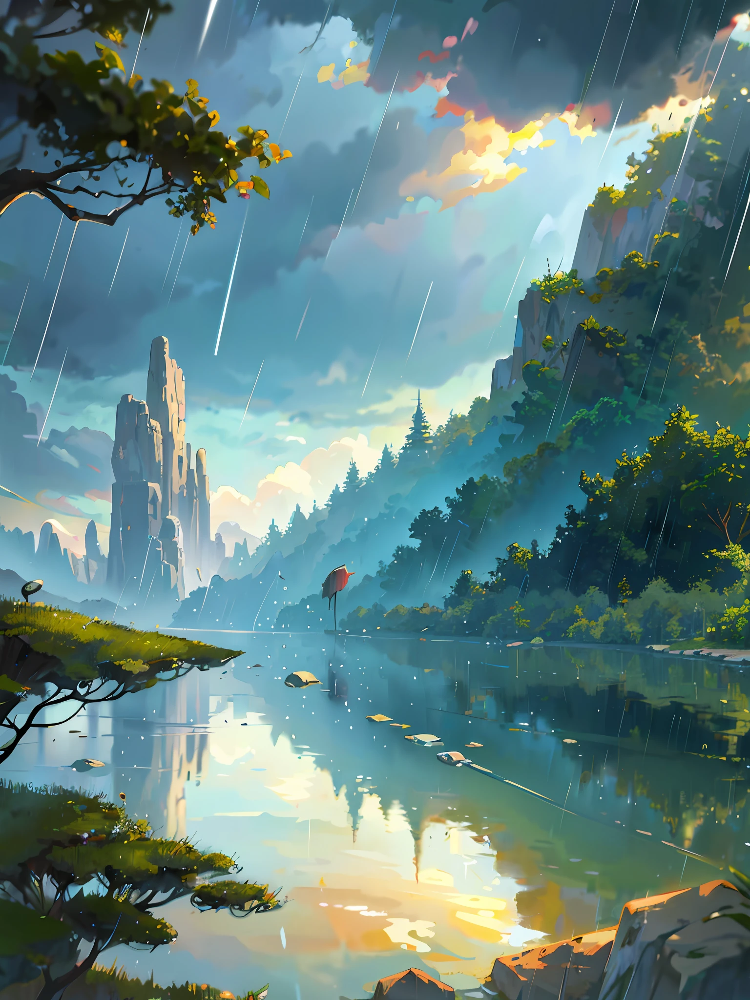Parks, promenades, ((rainy days)), anime background art, anime landscape concept art, very detailed scenes, beautiful artwork illustrations, highly detailed scenes, environmental design illustrations, beautiful anime scenes, (Studio Ghibli style), anime landscapes