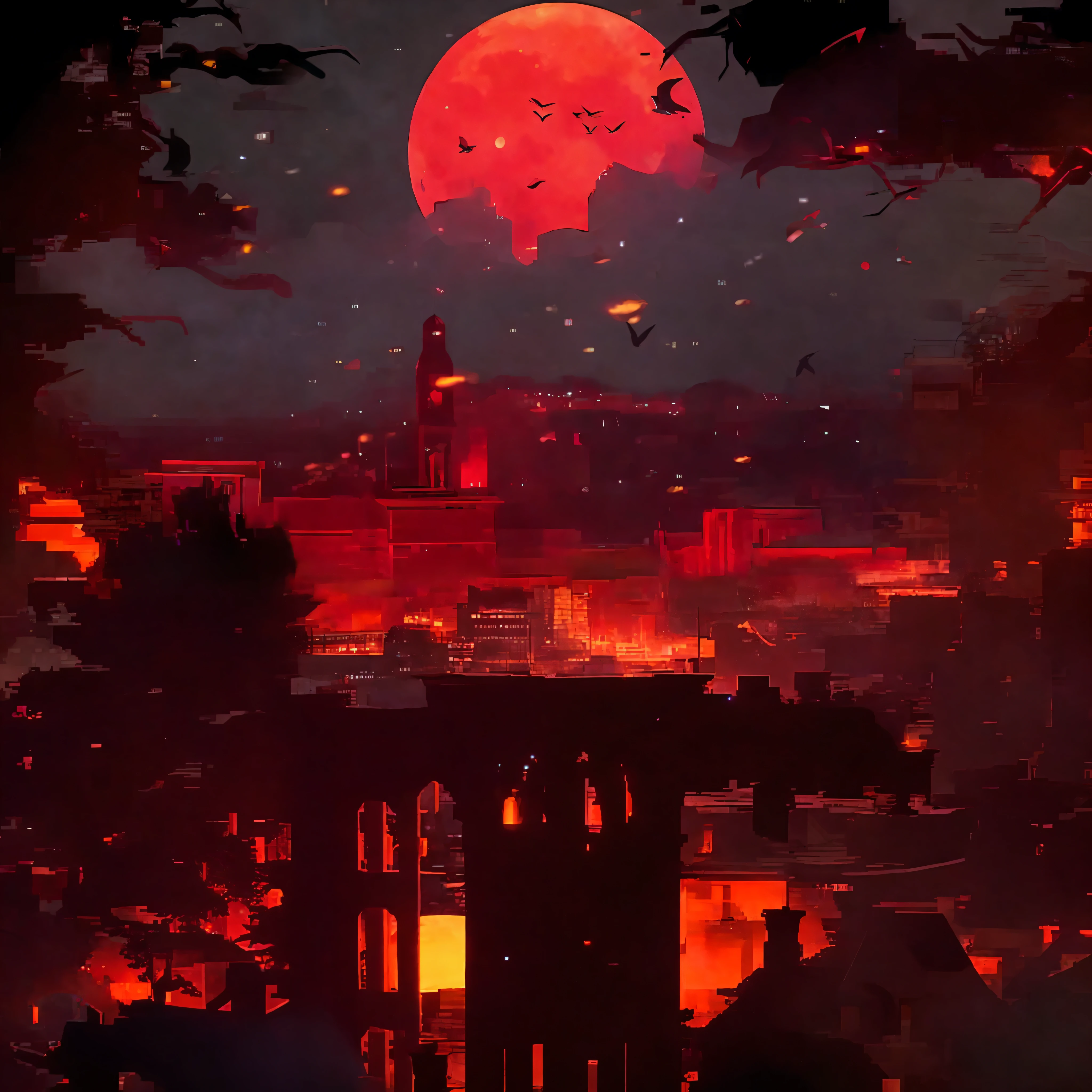 night scene of a city with a red moon and a clock tower, blood moon background, epic red - orange moonlight, red moon, blood red moon, huge red moon, blood moon, red glow in sky, detailed crimson moon, red glow, full red moon, praise the blood moon, during a blood moon, red sprites in the atmosphere