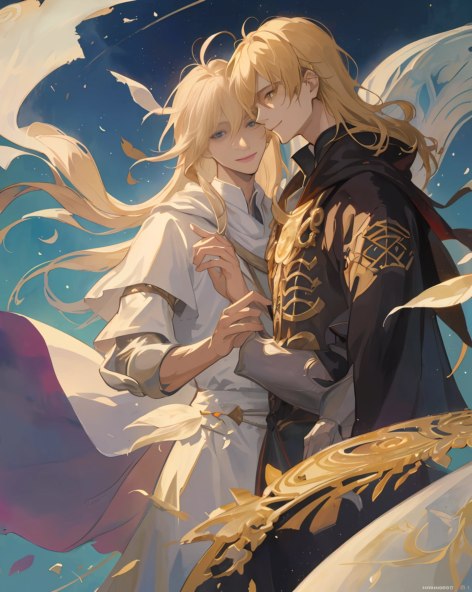 ((top quality, masterpiece)), comic art, concept art, watercolor, two very beautiful young men smiling at each other, blond long-haired young man in robes, mature tall muscular knight with short black hair, smiling, posing, particle, wind, flower, upper body, simple background, looking at viewer, using backlight and rim light