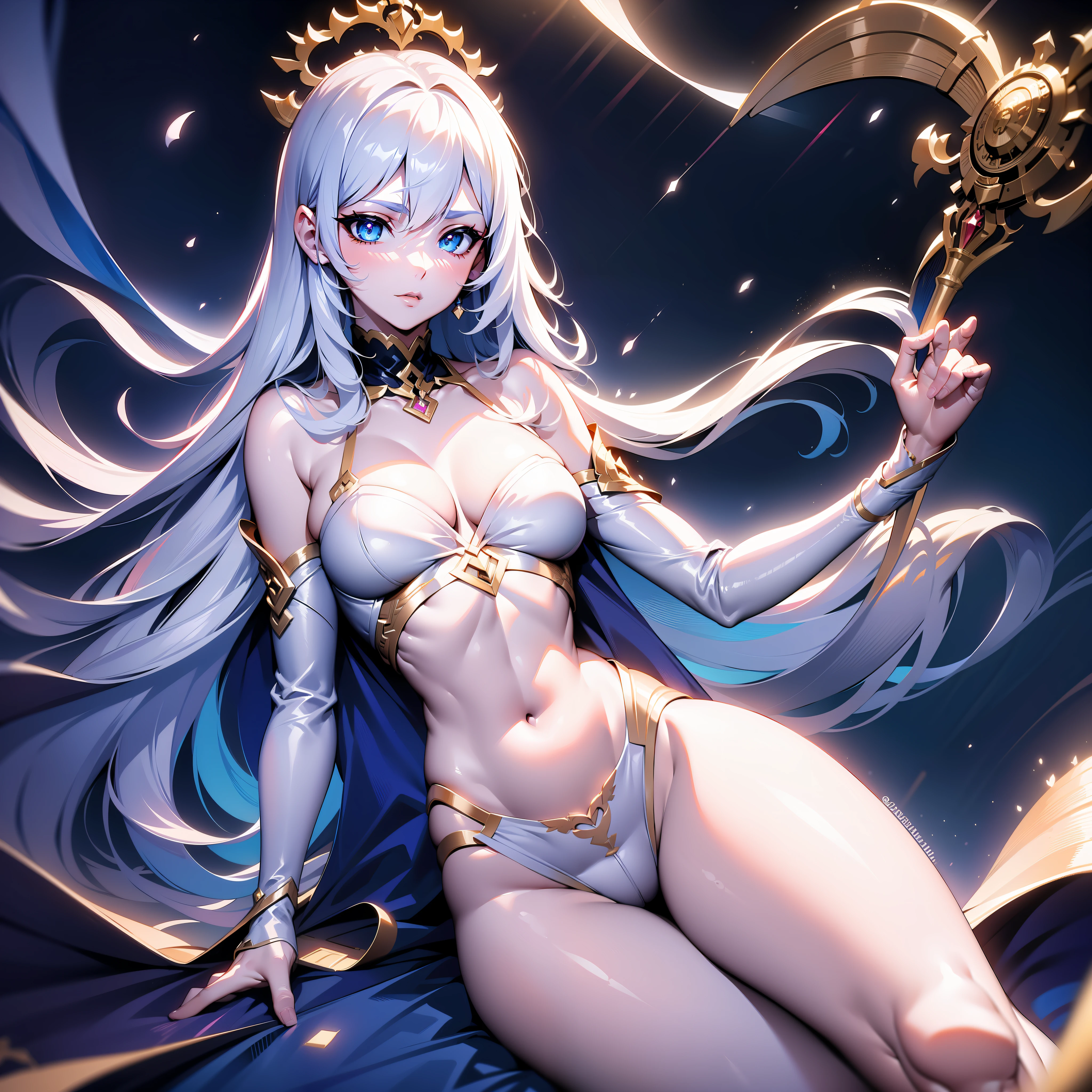 masterpiece, highest quality, (overwhelmingly pixel-perfect,), (perfect face:1.1), (high detail:1.1), dramatic, 1guy, (pale skin), gorgeous facial features, long white hair, white eyes, white eyebrows, solo, long hair, moon, night, white luxury suit, covered navel, pouty lips, covered, futuristic city, detailed background, art by artgerm and greg rutkowski, cinematic lighting, roses, fashion