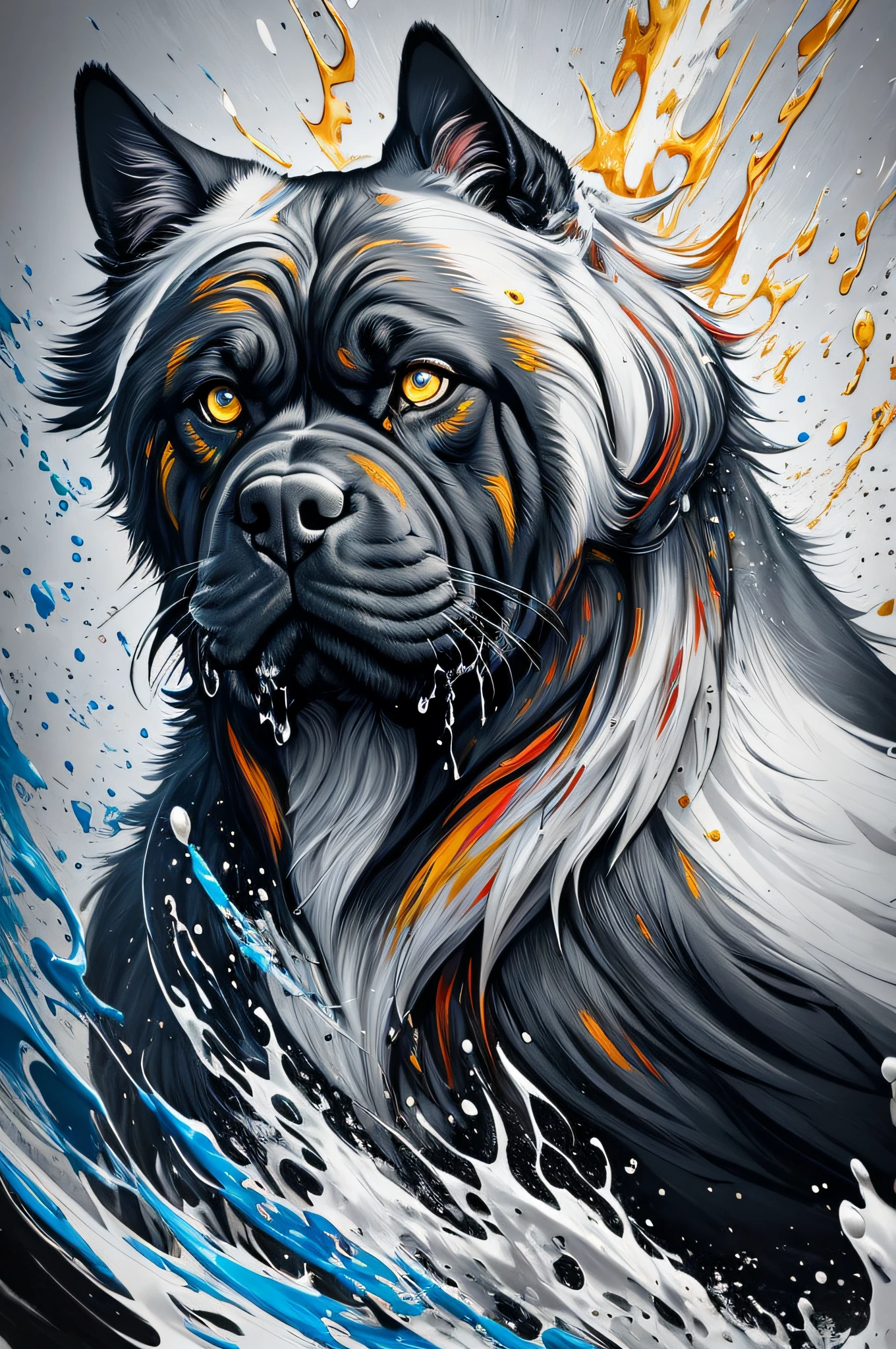 Splash art, a Cane Corso head, ((white background)), roaring, epic Instagram, artstation, splash style of colorful paint, contour, hyperdetailed intricately detailed , unreal engine, fantastical, intricate detail, splash screen, complementary colors, fantasy concept art, 8k resolution, deviantart masterpiece, oil painting, heavy strokes, paint dripping, splash arts