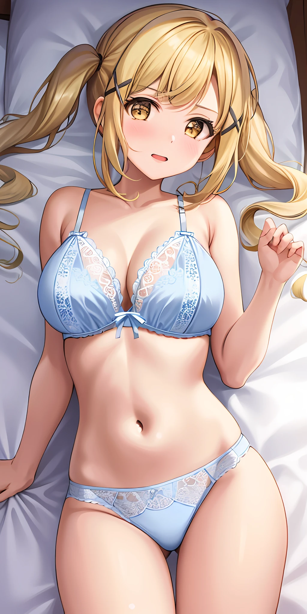 1girl, solo, arisa ichigaya, blonde long twintails, x hair ornament, large breasts, lingerie, bedroom