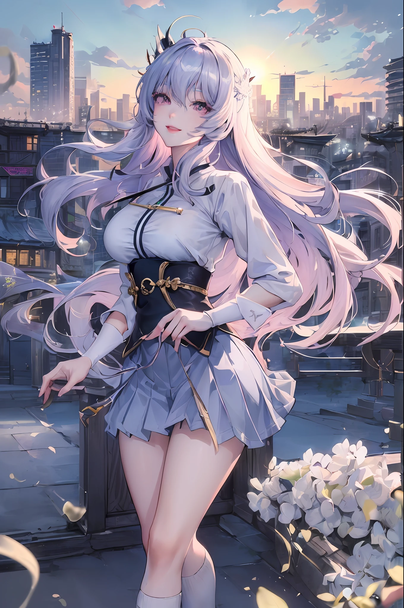 official art, masterpiece, sharp focus, (beautiful gorgeous cute Korean woman:1.3), (beautiful cute korean:1.3), korean beauty, Delicate and beautiful hair and eyes and face, realistic, ultra detailed, beautiful girl, blue sky, glow white particle, (sidelighting:1.2), sun light, white cloud, detailed clouds, slender, Lovely very large breasts and very large hips, smile with teeth, ((smile with eyes, open both eyes)), scenery, long straight hair, sexy facial expression, building, (cityscape:1.7), dynamic hair, long straight hair, detailed platinum purple hair, glow pink eyes, (blue pleated shirts + white skirt), white long socks, pale skin, hair ornament, epic scenery,