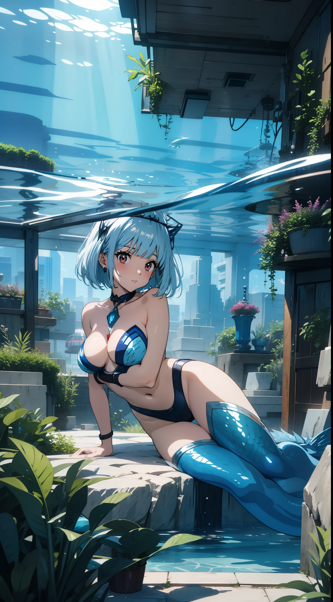 underwater, 1 girl closeup, mermaid, silver hair, red eyes, bob cut, concept art, beautiful anime scene, top rated on pixiv