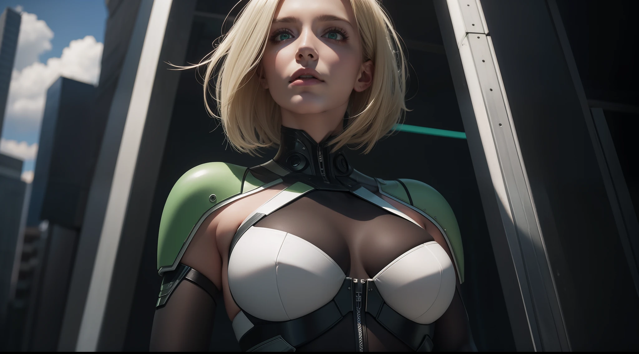 Award-winning photo from the waist up, wide-angle environmental shot, in front of futuristic buildings, sexy cyberpunk clothing, cracked porcelain skin, blonde woman, robust body, green eyes, vibrant, photorealistic, hyperrealism, strong impressionist painting style, 1,618, elegant, ethereal, intricate, elaborate, hyper-realism, hyper-detailed, strong expressiveness and emotionality, cinematic lighting, visual clarity