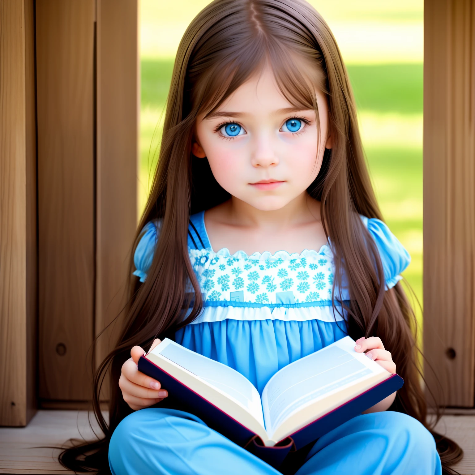 A  with long hair, blue eyes, like an angel, with a book in her hand;