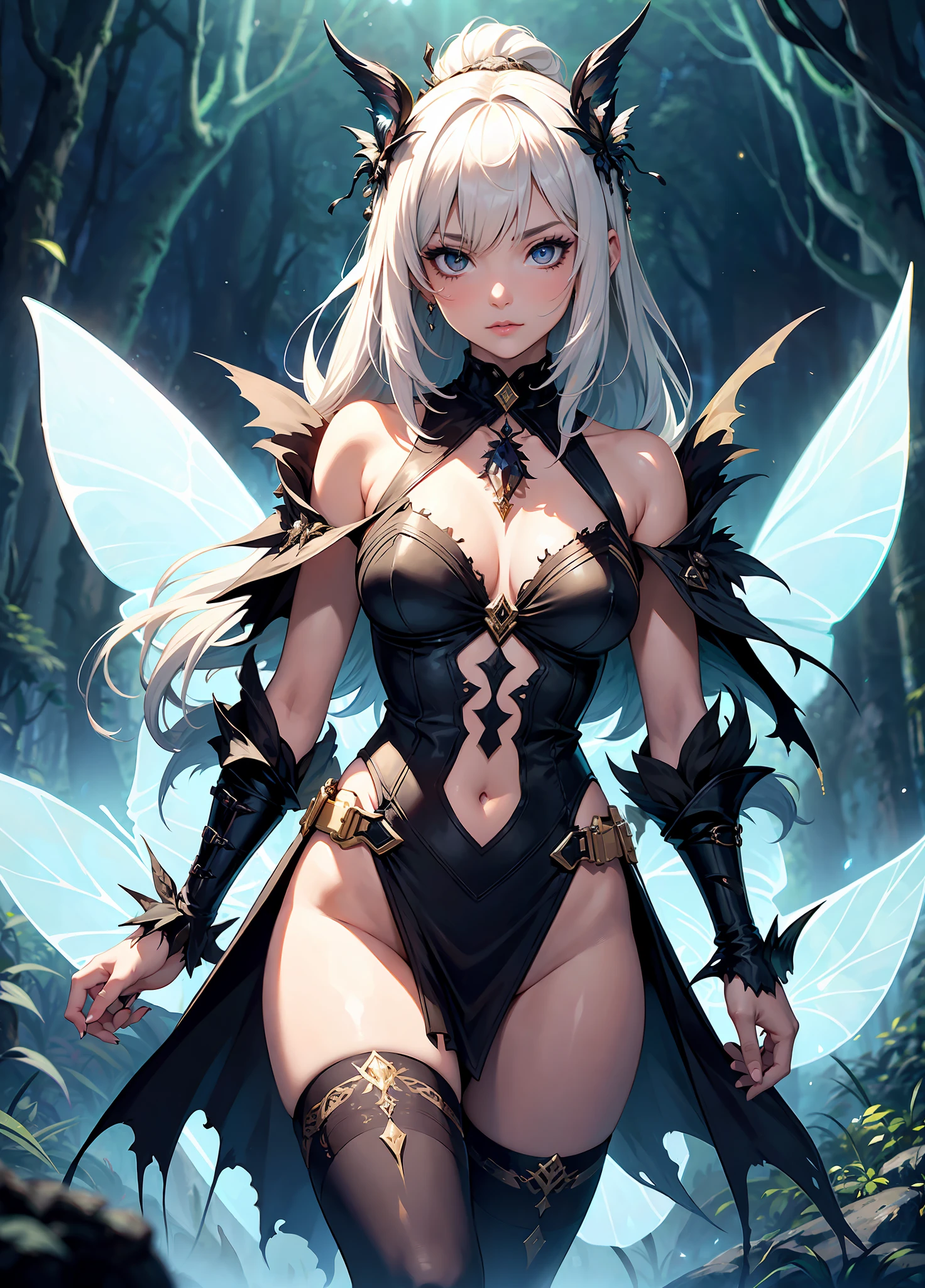 sexy full shot body photo of the most beautiful artwork in the world, illustration, cinematic light, fantasy, highest quality, ultra detailed,  best quality, masterpiece, (detailed face), sexy goth girl wears a bikini and (torn) fullbody (transparent galaxy) cloths coat, floating cloth, choker, glowing (elder underworld fantasy) forest plants with neon details, open shoulders, tiny glowing butterfly, (focus on body:1.25), night, small mutated animals in background, torn mini skirt ,a potion on hip, shoulder pads emitting magic energy, cameltoe, dark, light reflection