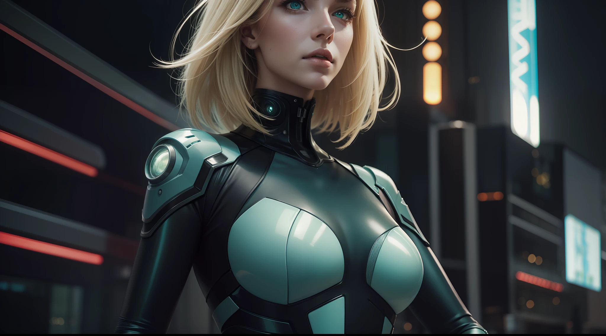 Award-winning photo from the waist up, wide-angle environmental shot, in front of futuristic buildings, sexy cyberpunk clothing, cracked porcelain skin, blonde woman, robust body, green eyes, vibrant, photorealistic, hyperrealism, strong impressionist painting style, 1,618, elegant, ethereal, intricate, elaborate, hyper-realism, hyper-detailed, strong expressiveness and emotionality, cinematic lighting, visual clarity