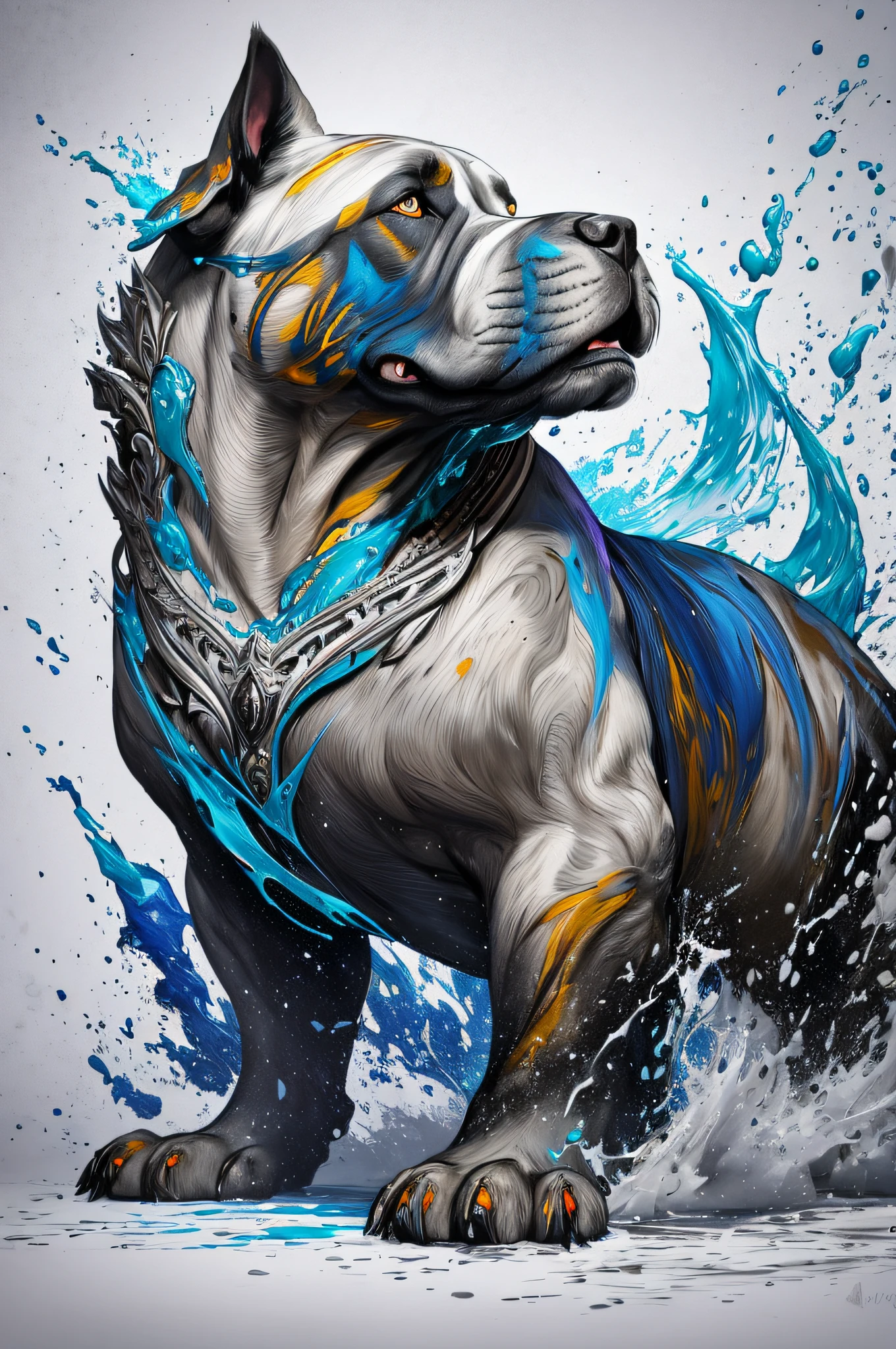 Splash art, a Cane Corso puppy head, ((white background)), roaring, epic Instagram, artstation, splash style of colorful paint, contour, hyperdetailed intricately detailed , unreal engine, fantastical, intricate detail, splash screen, complementary colors, fantasy concept art, 8k resolution, deviantart masterpiece, oil painting, heavy strokes, paint dripping, splash arts
