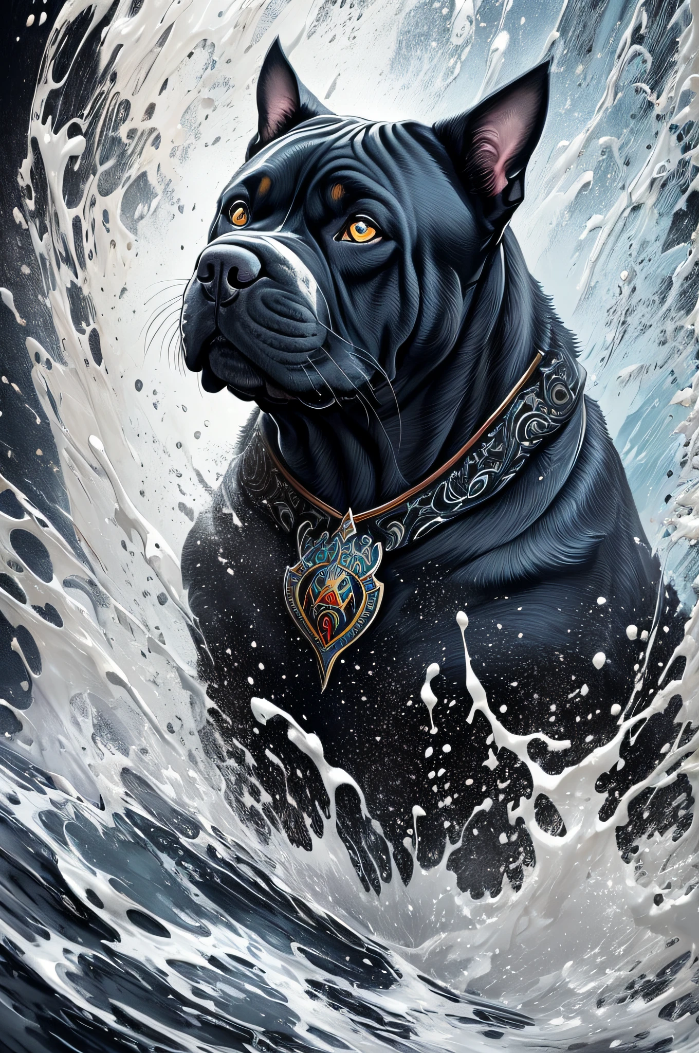 Splash art, a Cane Corso puppy head, ((white background)), roaring, epic Instagram, artstation, splash style of colorful paint, contour, hyperdetailed intricately detailed , unreal engine, fantastical, intricate detail, splash screen, complementary colors, fantasy concept art, 8k resolution, deviantart masterpiece, oil painting, heavy strokes, paint dripping, splash arts
