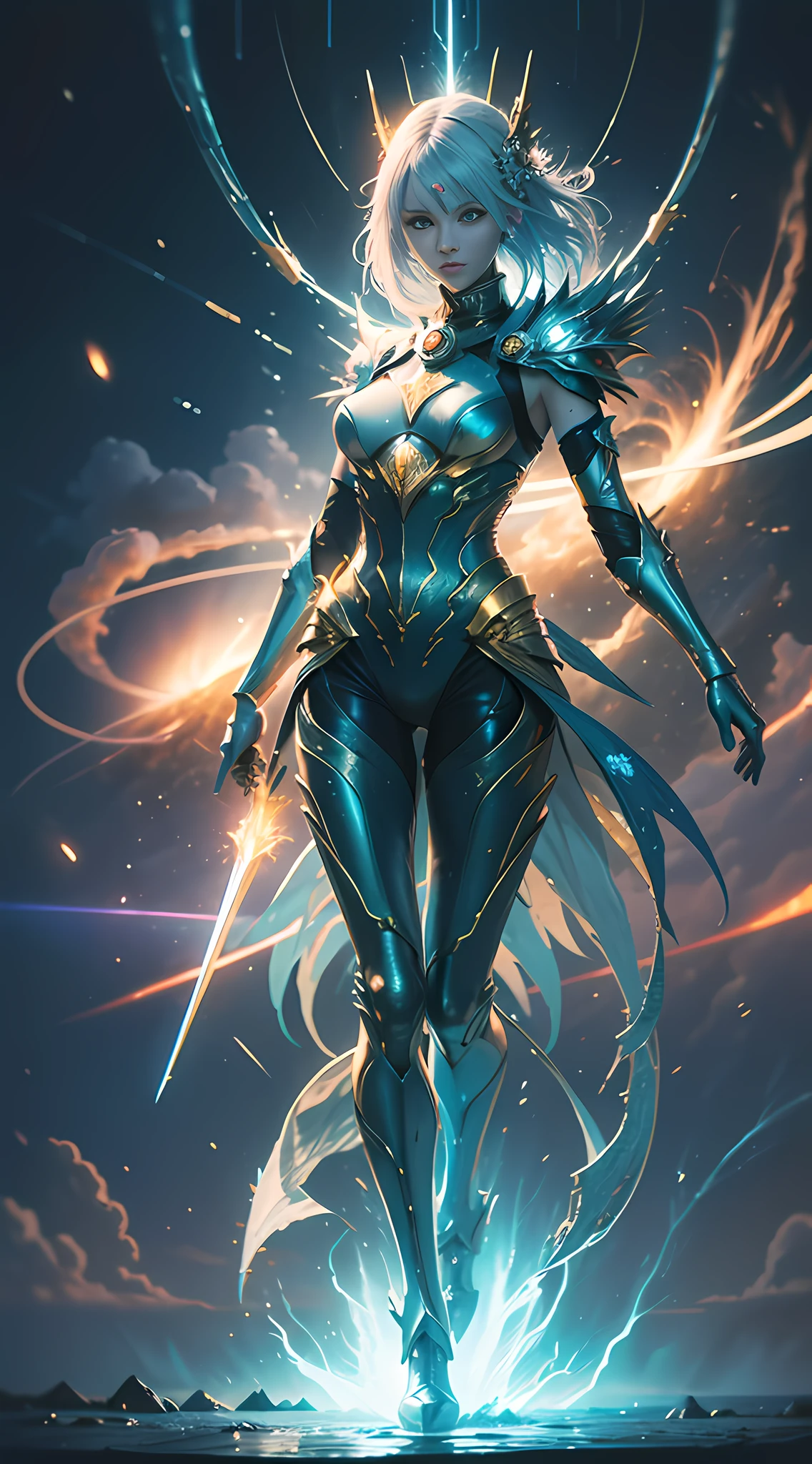 digital analysis, anime style, woman, tall, slender, elemental mage engulfed in blue flames and yellow lightning, color chaos, gold and ice tones, depth of field, beautiful, highly detailed, surreal, cinematic lighting, clear, spatial background, cinematic lighting soft, (backlight: 1.2), (blossom: 1.2), (bright light: 1.1), (chromatic aberration: 1.2), sharp focus, high contrast , masterpiece, realistic, full body