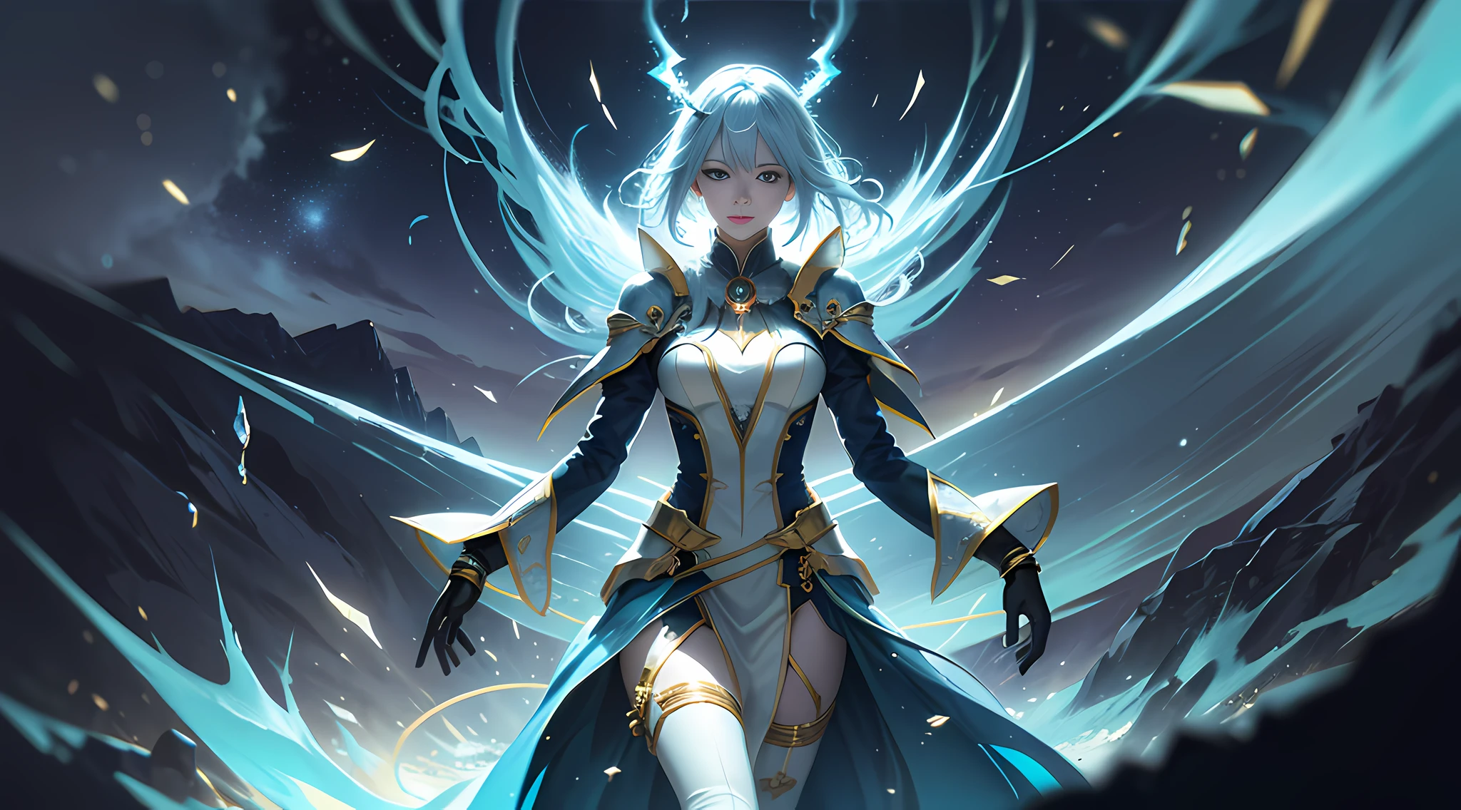 digital analysis, anime style, woman, tall, slender, elemental mage engulfed in blue flames and yellow lightning, color chaos, gold and ice tones, depth of field, beautiful, highly detailed, surreal, cinematic lighting, clear, spatial background, cinematic lighting soft, (backlight: 1.2), (blossom: 1.2), (bright light: 1.1), (chromatic aberration: 1.2), sharp focus, high contrast , masterpiece, realistic, full body